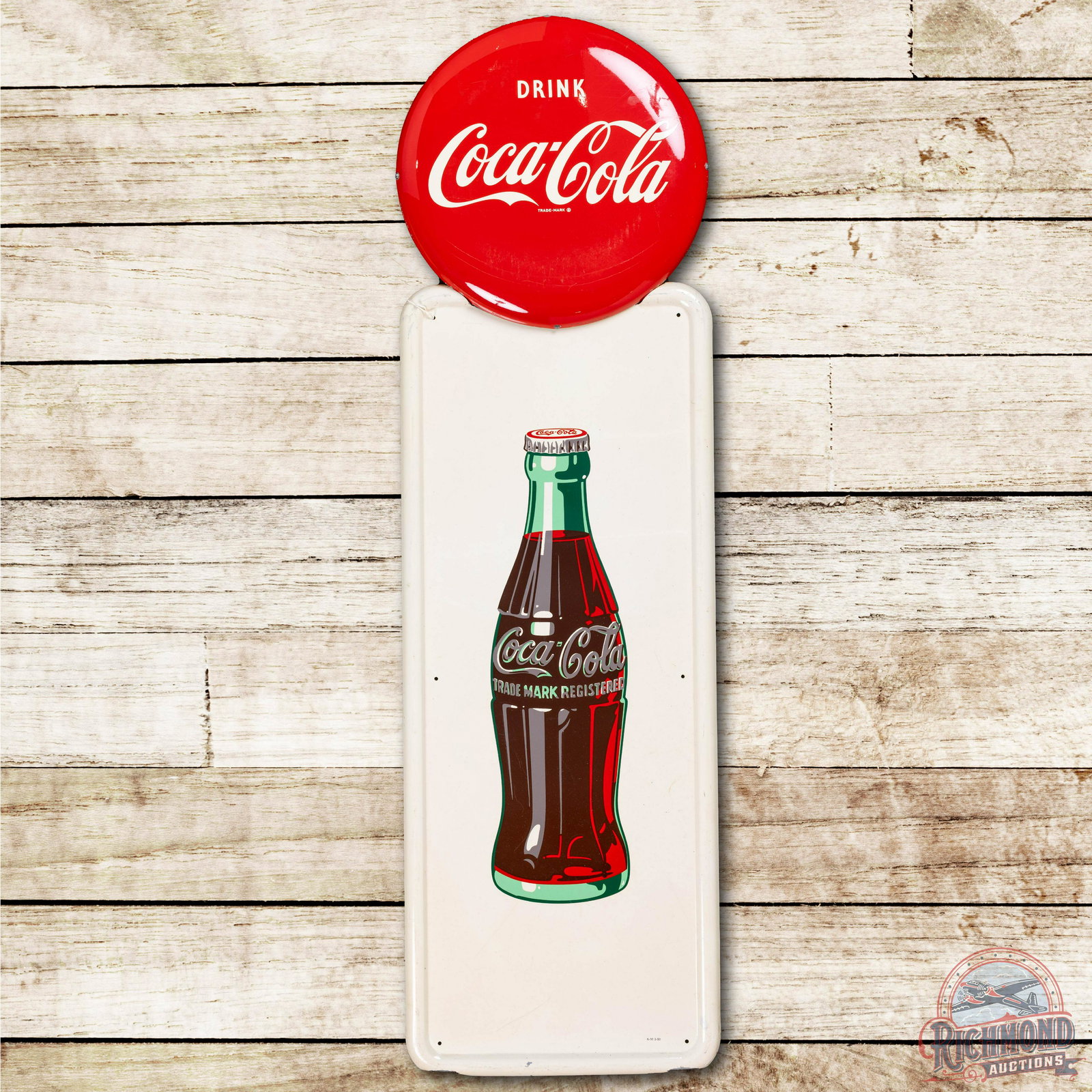 1950 Drink Coca Cola Pilaster w/ Bottle & 16" Button Tin Sign (1 of 3)