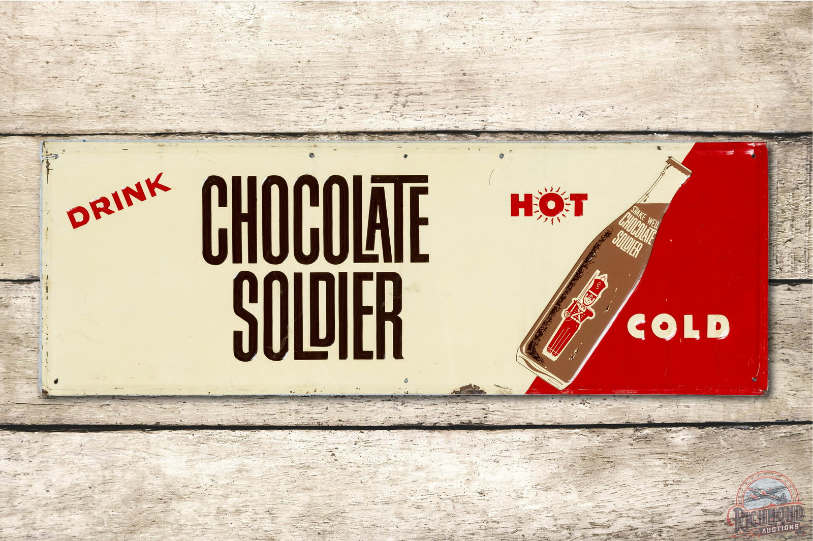 Drink Chocolate Soldier Hot or Cold w/ Bottle Embossed Tin Sign (1 of 3)