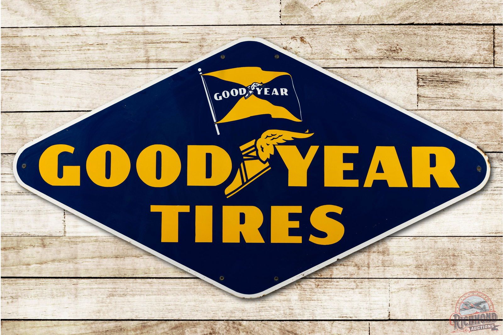 6' Goodyear Tires Porcelain Sign w/ Wingfoot and Flag Logos: Single sided porcelain (SSP) sign has excellent color and gloss. The field and outer field only have a few tiny flea bites with light wear and small chips along the edges. This is a very nice example