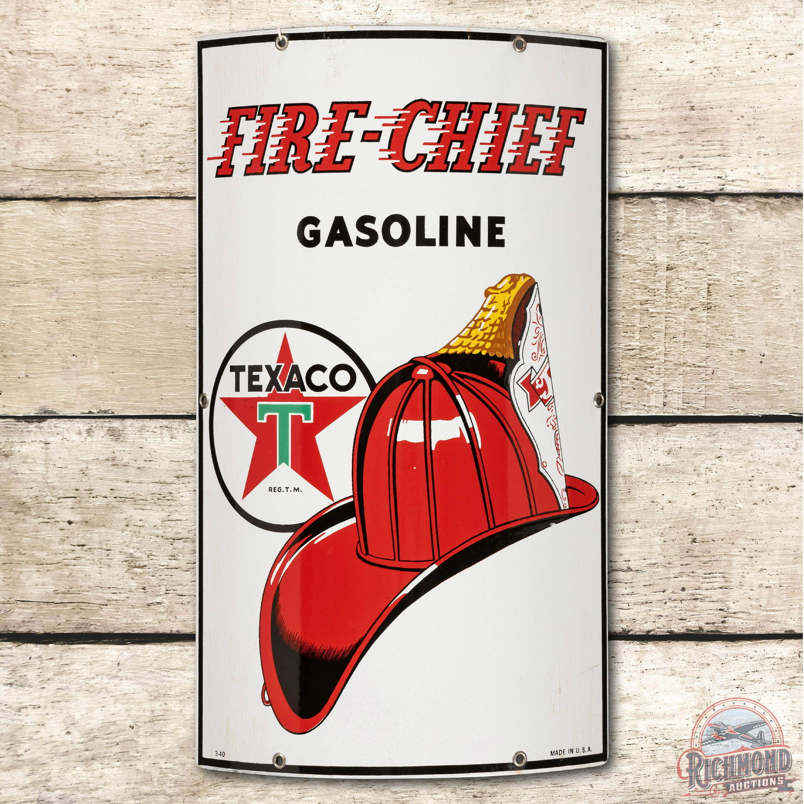 1940 Texaco White T Fire Chief Gasoline Curved Porcelain Pump Plate Sign (1 of 3)