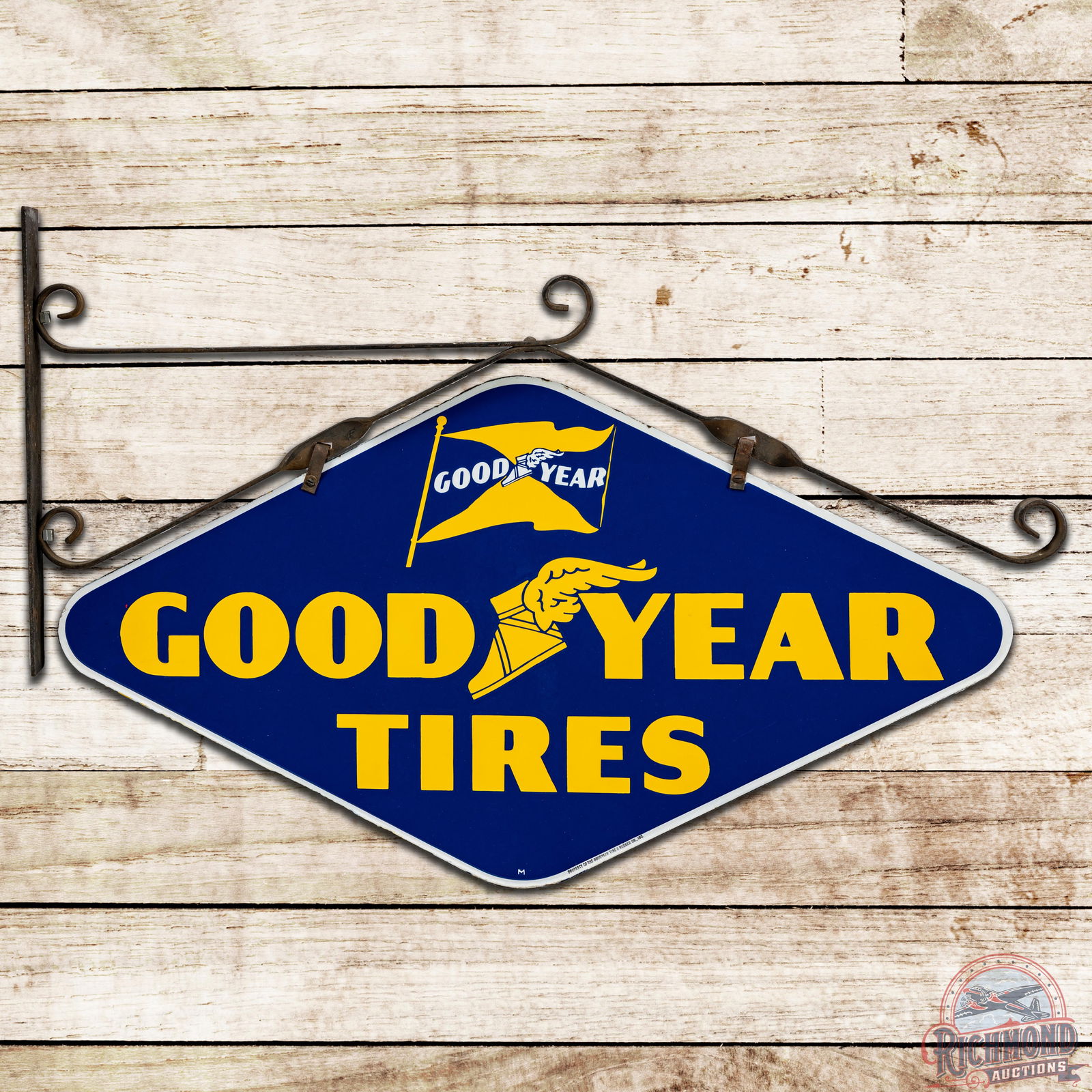 Goodyear Tires DSP Sign & Original Hanger w/ Flag & Wingfoot Logos - 9: Incredible DSP (double sided porcelain) sign with excellent color and gloss. Both sides are very clean. Side #1 has minor fine scratches, light wear at the upper mount holes and small edge chips. Incl