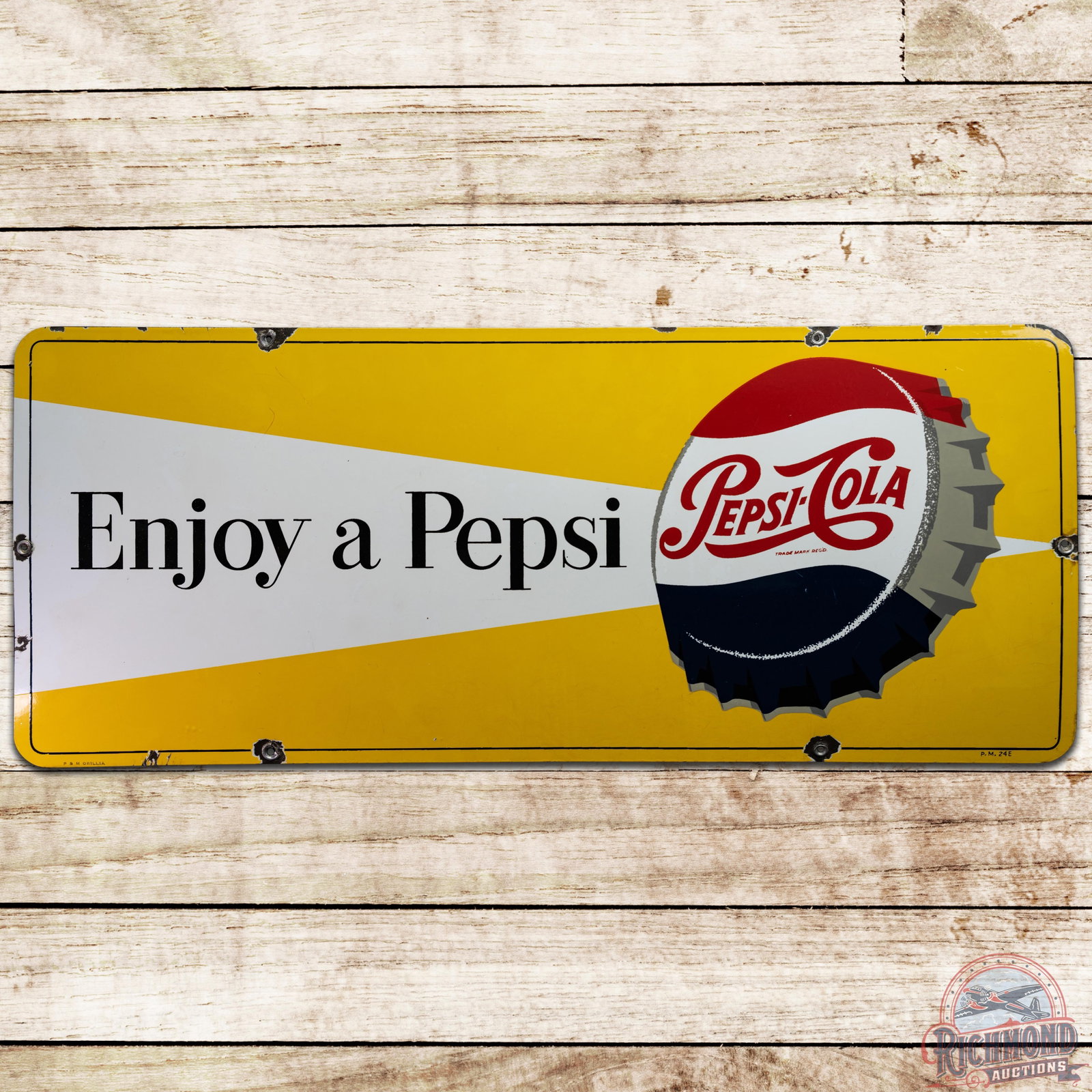 Pepsi Cola Enjoy a Pepsi SSP Sign - 8.75: SSP (single sided porcelain) sign has excellent color and gloss. The field has small scratches and nicks, mainly in the blue. The sign has small chipping at the mounting holes and around the edges. Ma