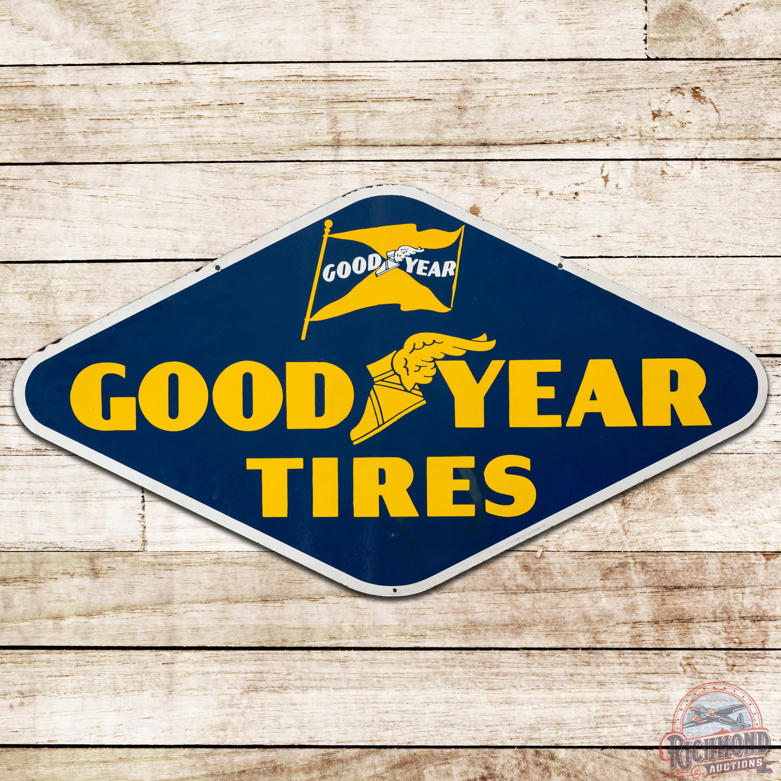4' Goodyear Tires DSP Sign w/ Wingfoot & Flag Logos - 9 & 8.9: DSP (double sided porcelain) sign has excellent color and gloss. Side #1 has a clean field with small edge chips and a small added mounting hole on the lower edge. The reverse has light wear with mild