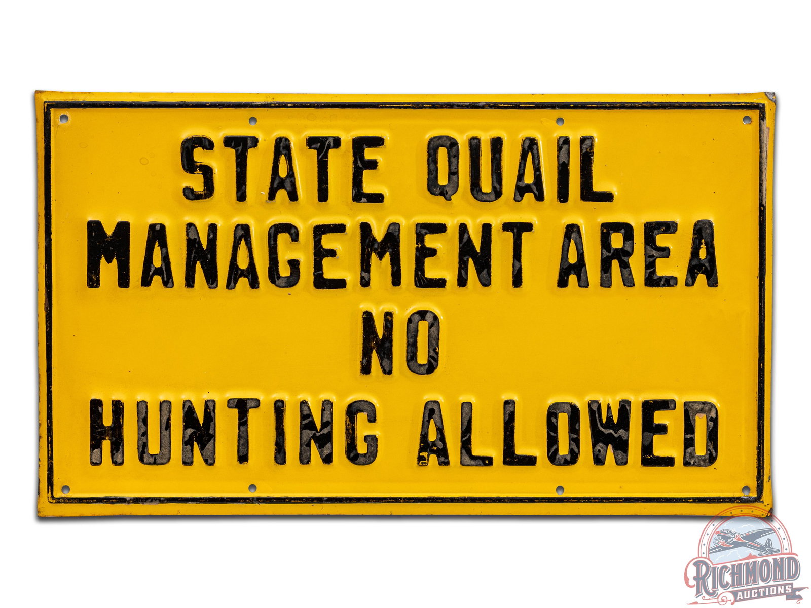 NOS State Quail Management Area No Hunting Allowed Embossed Metal Sign: New old stock (NOS) state quail management single sided tin embossed sign (SSTE) has good color and gloss. It shows light wear with some paper marks, minor paint loss, and a few light bends along the 