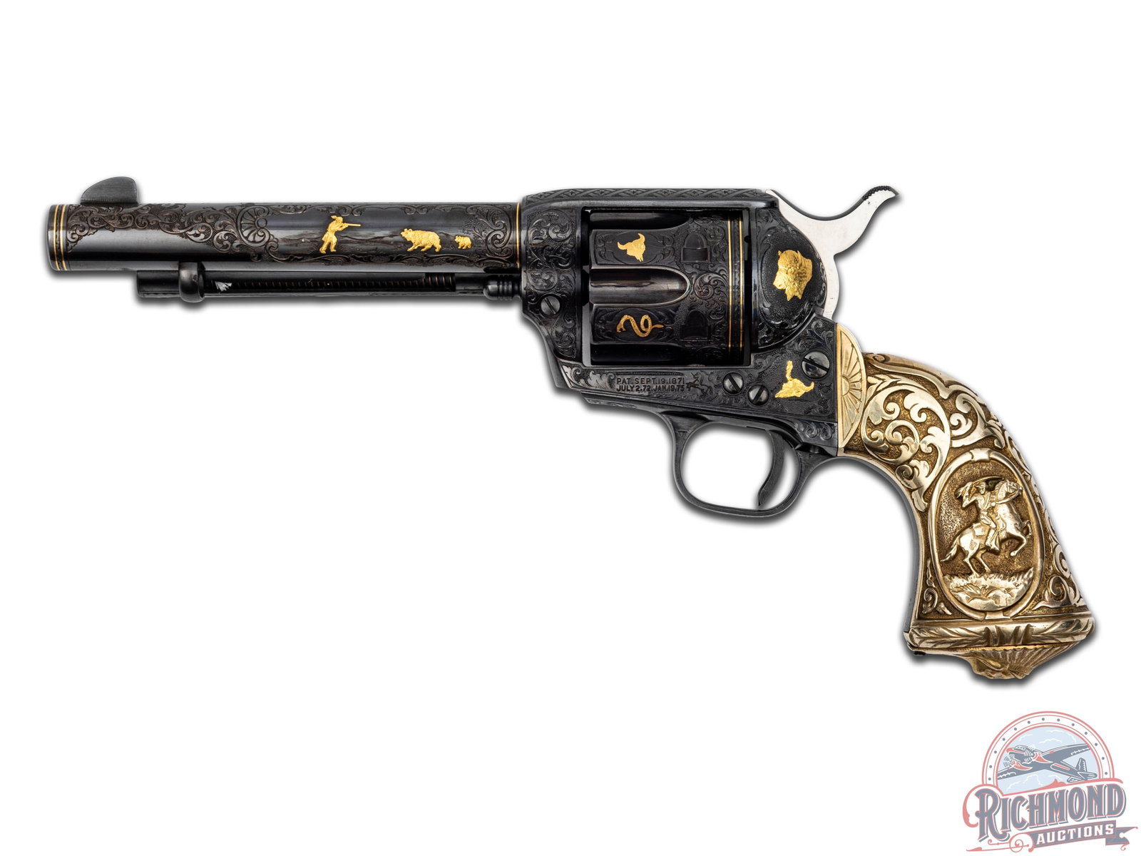 Engraved & Gold Inlaid 1st Gen Colt Single Action Army Revolver Frm. of the Robert M. Lee Collection: First generation SAA manufactured in 1940 and later upgraded with exhibition engraving and grips. Patent dates, Colt pony and "VP" proofs are still present on the left side of the frame and trigger gu
