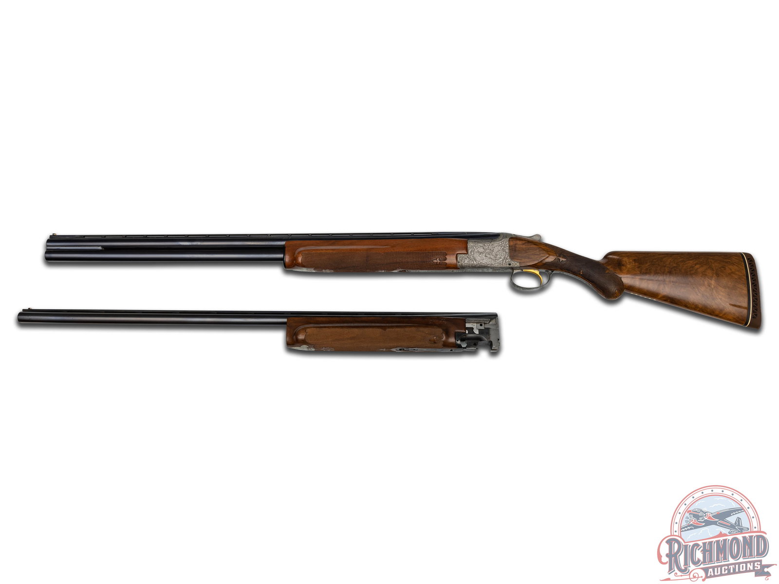 Double Signed Felix Funken Engraved Browning Superposed Diana Shotgun & Extra Barrel: Manufactured in 1957 for Browning by FN in Belgium. Blued 30" over and under special steel barrels with ported center raised ventilated rib, twin beads, marked as full and full chokes with 2-3/4" cham