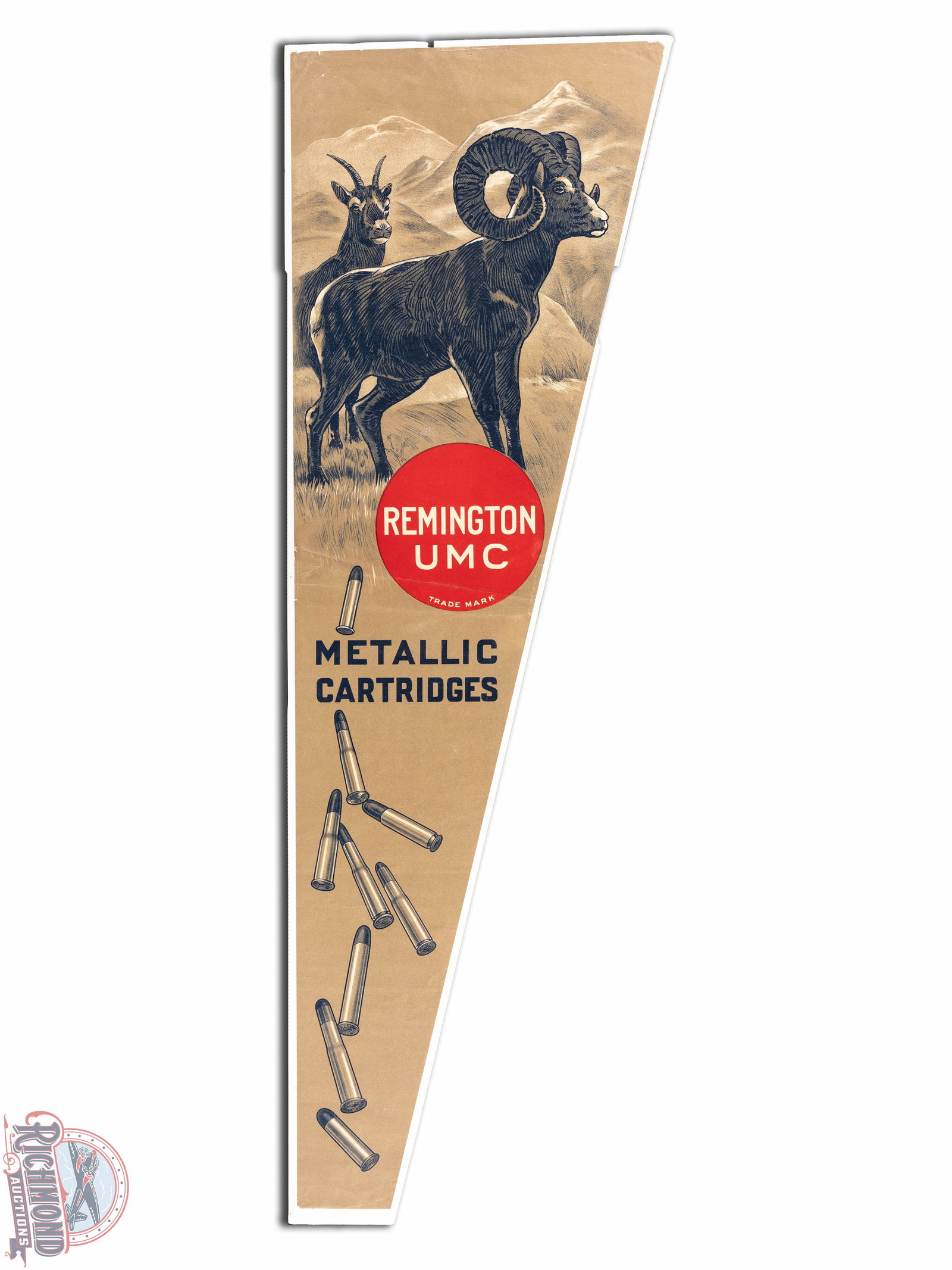 Remington UMC Metallic Cartridges Paper Window Sign Ram: Remington UMC Metallic Cartridges paper window sign. It has good color and shows some wear, minor paper loss, and a few creases. One of the creases has been repaired. It displays very well and is a ve