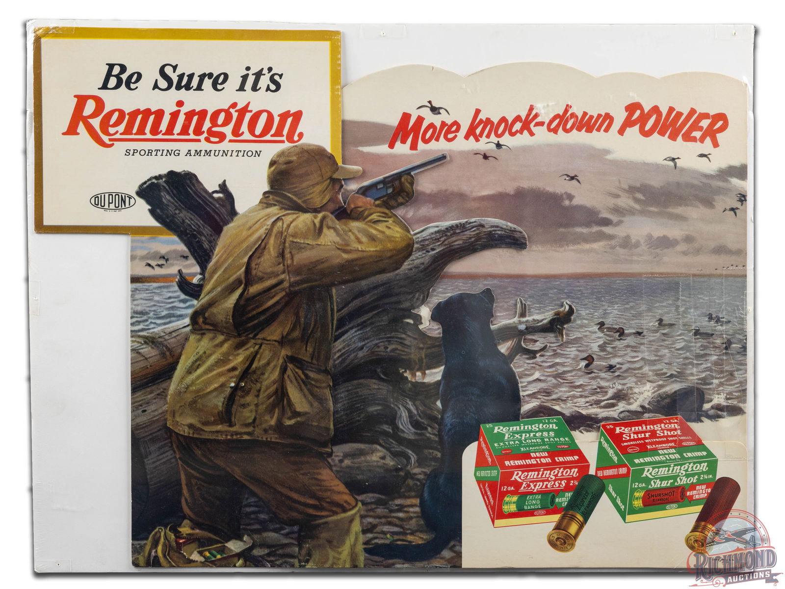 Remington "More Knock-Down POWER" Cardboard Dimensional Display Sign: Remington "More Knock-Down POWER" dimensional display. It has good color with a great duck hunting scene graphic. It displays well with light wear and slight discoloration. Shrink wrapped and secured