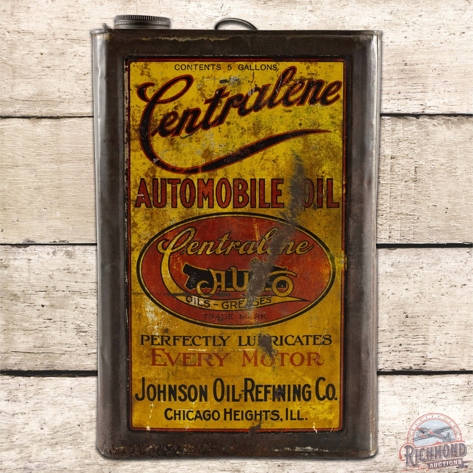 Johnson Oils Centralene 5 Gallon Square Motor Oil Can w/ Early Automobile: Empty 5 gallon square metal can with handle and lid has good color and shine. The can has outstanding graphics of an early automobile and the Time Tells logo. It has general age wear with fading, surf