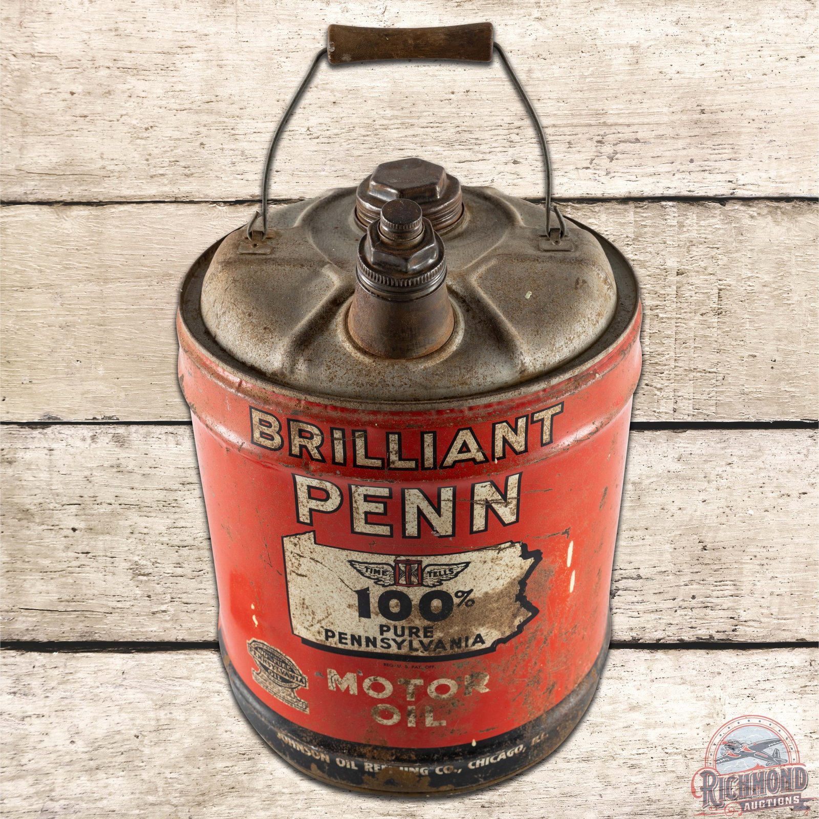 Johnson Brilliant Bronze 5 Gallon Metal Motor Oil Can w/ Logo: Hard to find empty 5-gallon metal can with handle and both lids has good color and shine. The can has general age wear throughout. It displays well and features a large Brilliant Penn logo in the fiel