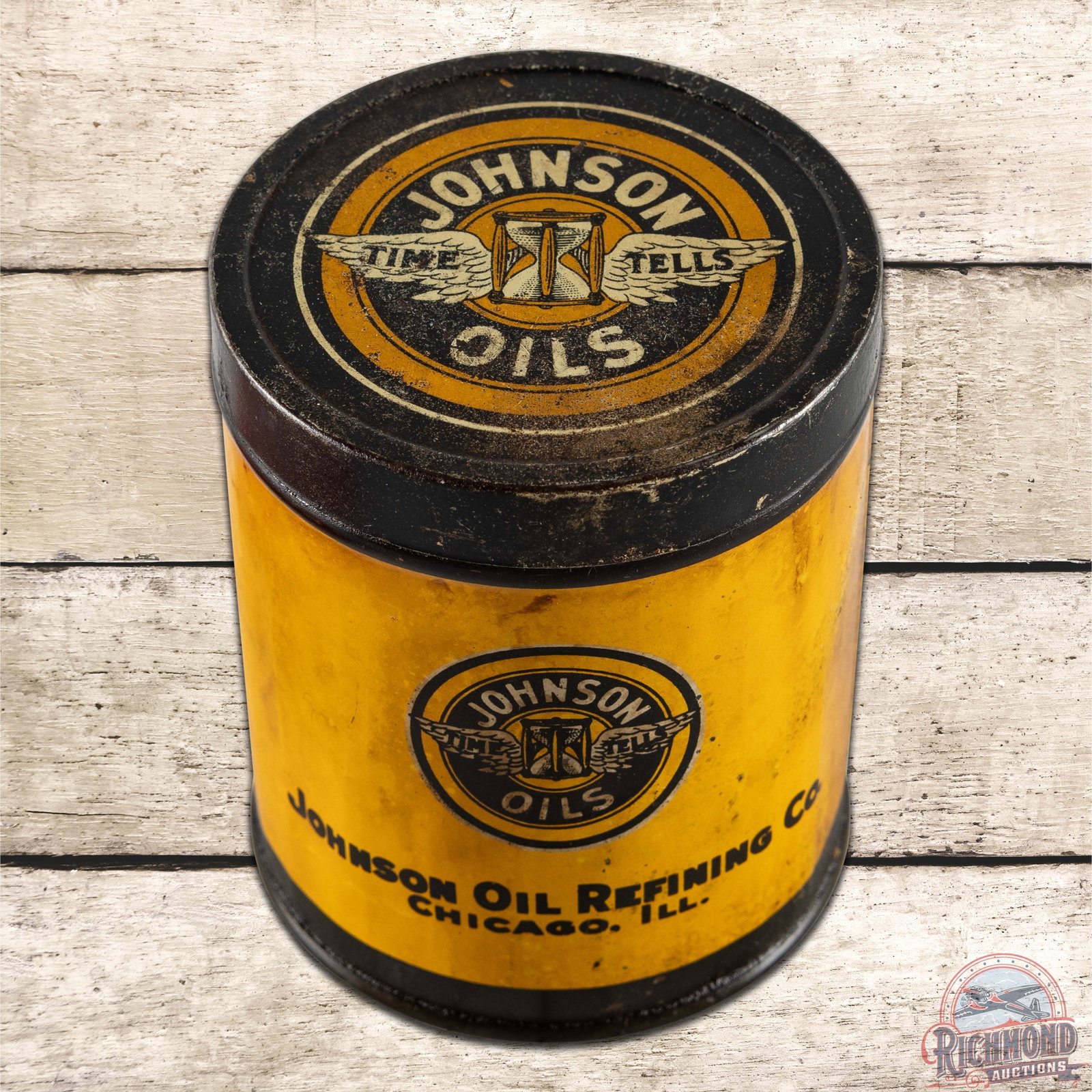 Johnson High Pressure Gun Grease 1 Pound Metal Can: Empty 1 pound metal grease can has good color and shine. The can has general wear with a small ding near the logo. Condition: 7.5.