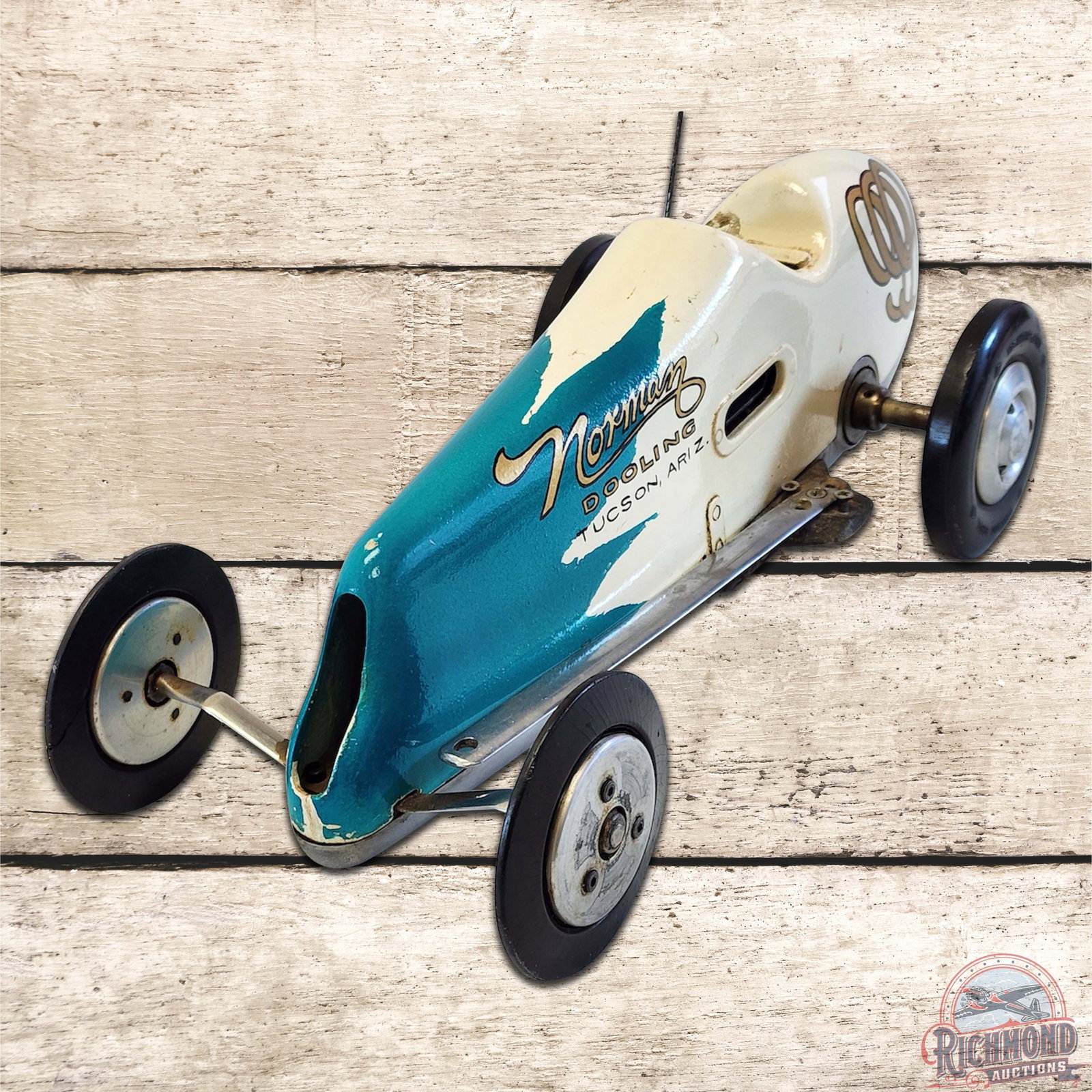 1949 Norman Dooling Tucson Arizona Arrow Tether Car: This original Arrow was restored by Randy Giovenale and is a sister car to Lot #152 Dooling F. Featuring Ignition Dooling .61 power, the car is complete with coil, condenser, wiring, fuel tanks and a 