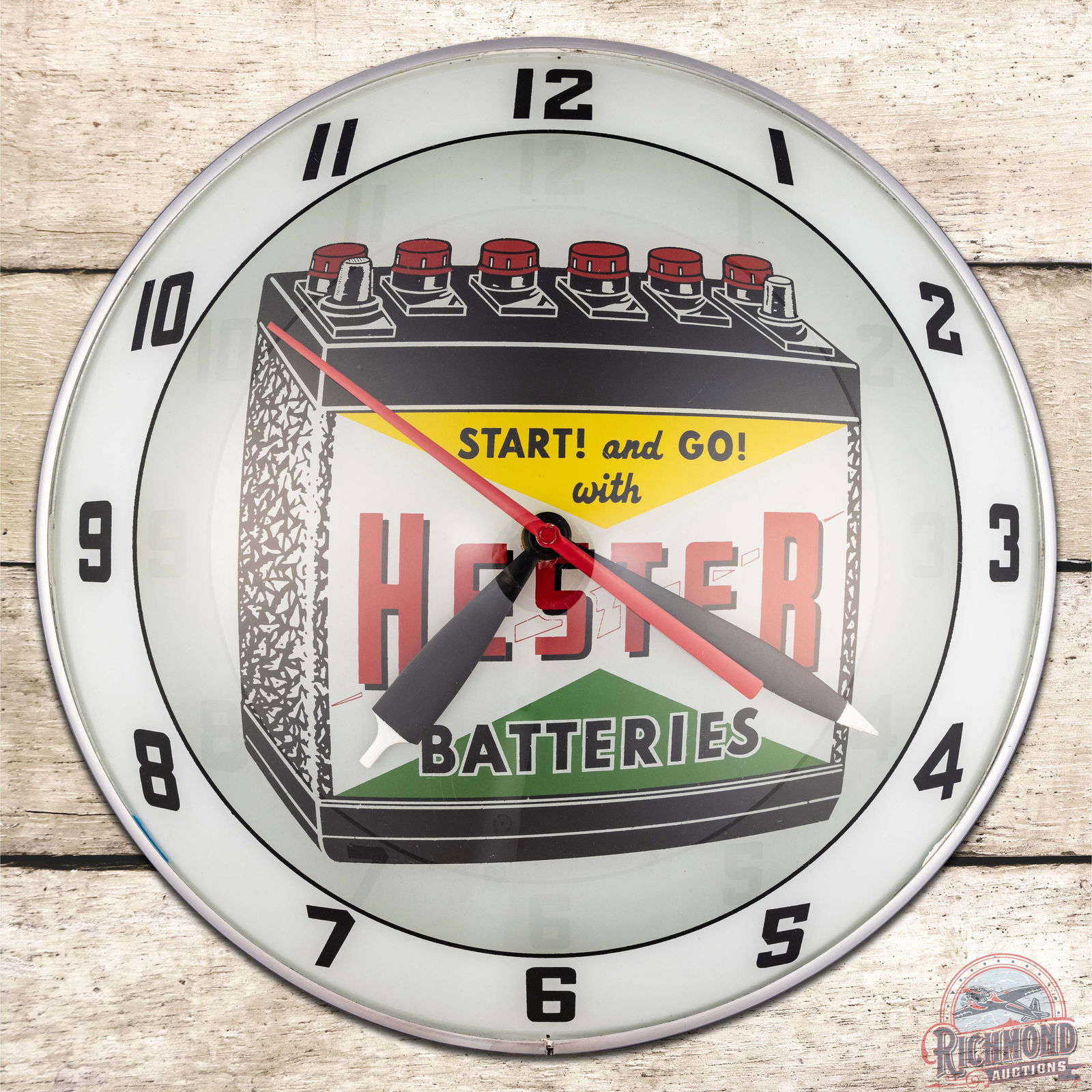 Hester Batteries 15" Double Bubble Advertising Clock w/ Logo: Outstanding lighted double bubble clock runs and lights up as it should. The inner and outer faces are very clean. The can has light wear on the reverse and retains the factory Neon Products decal. Ov