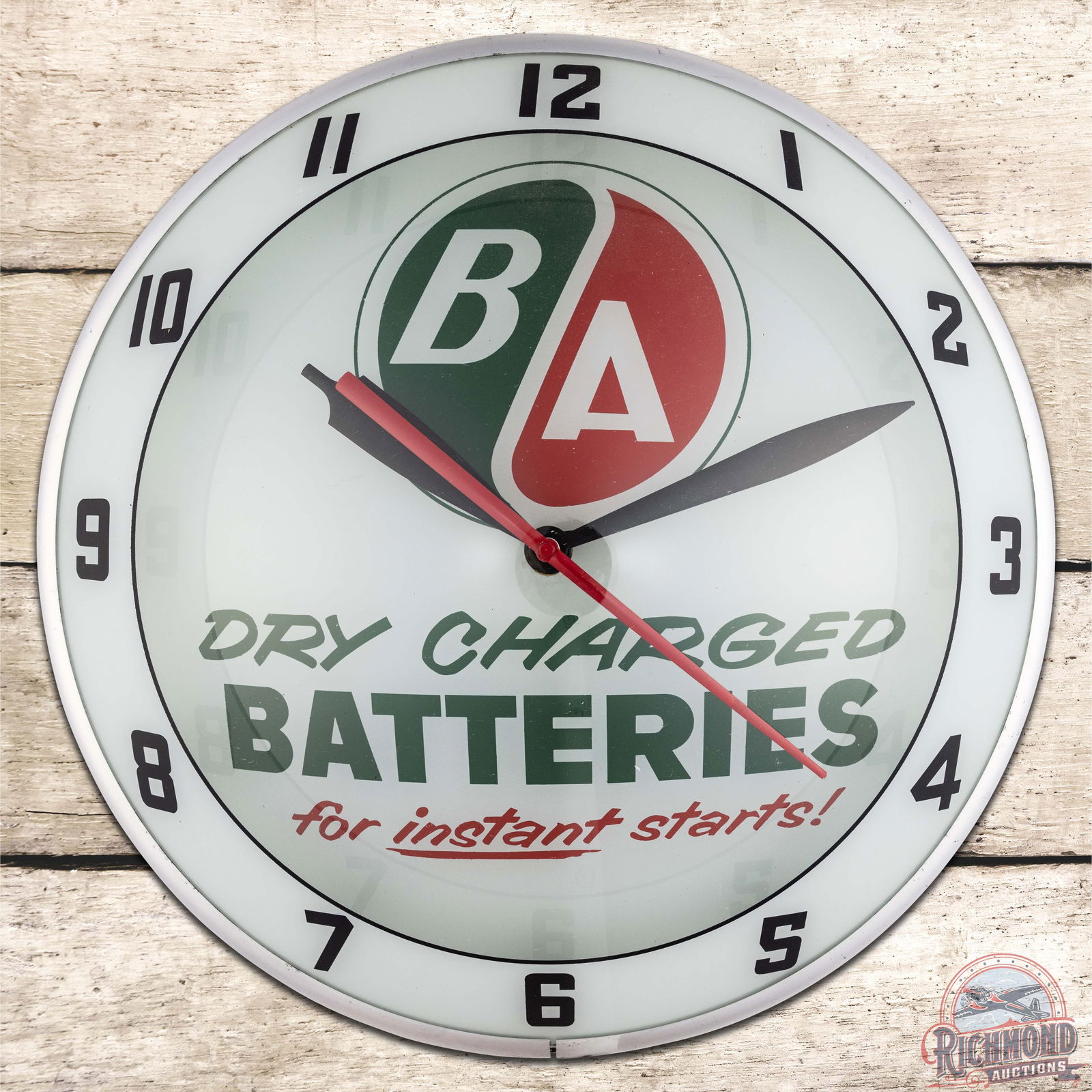 BA Dry Charge Batteries 15" Double Bubble Advertising Clock w/ Logo: Excellent lighted double bubble clock runs and lights up as it should. The inner and outer faces are both very clean. The can has minor wear on the reverse and retains a partial factory decal. Overall