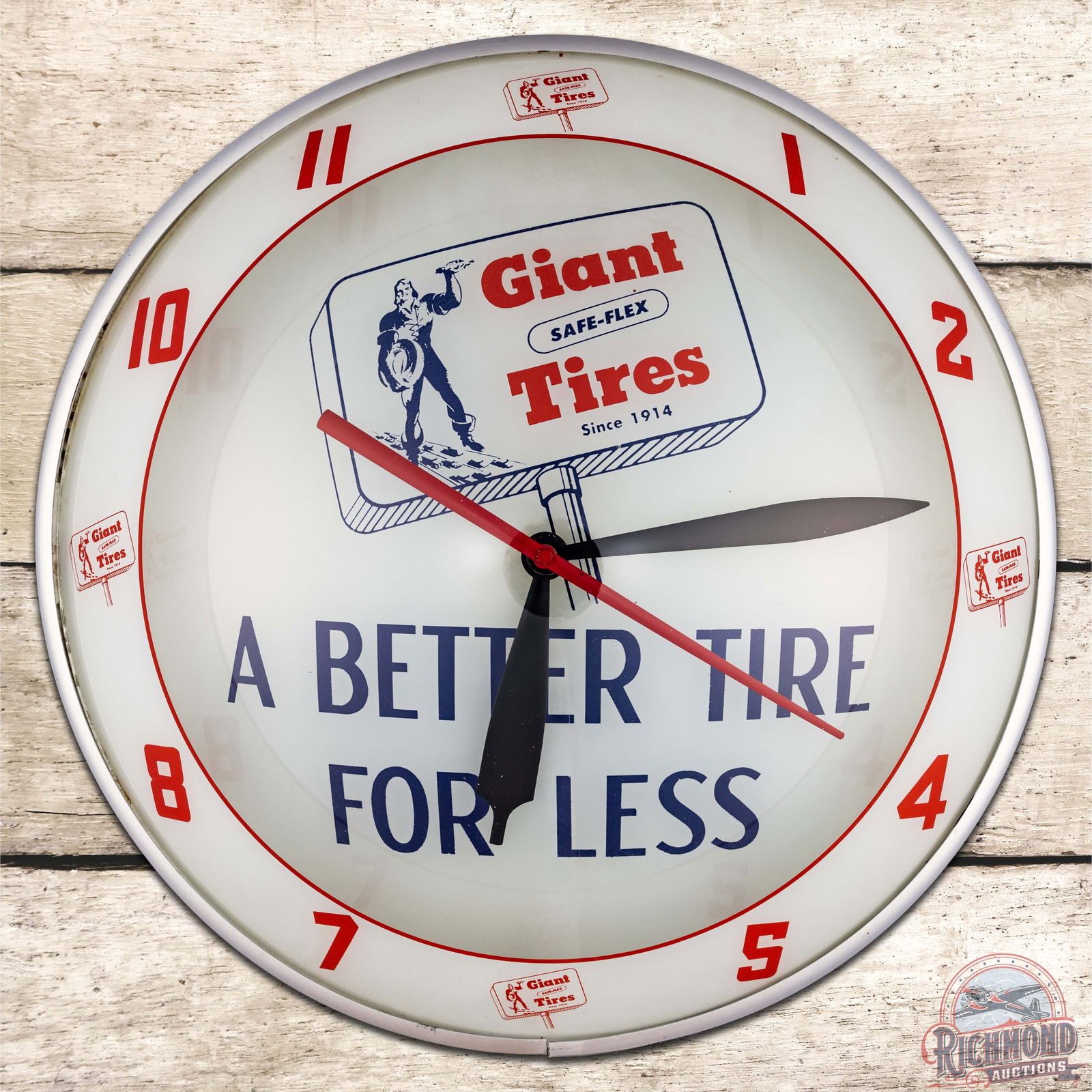 Giant Tires Better Tire for Less 15" Double Bubble Advertising Clock: Exceptional lighted double bubble clock runs and lights up as it should. The inner and outer faces are both very clean. The can has surface wear on the reverse and retains the factory Neon Products de