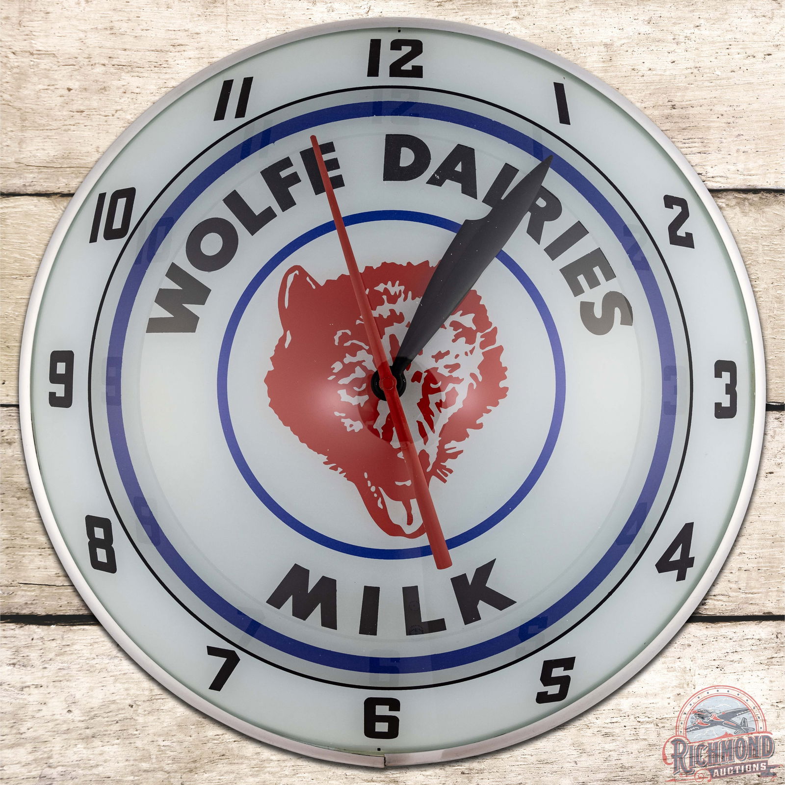Wolfe Dairies Milk 15" Double Bubble Advertising Clock w/ Logo: Incredible lighted double bubble clock runs and lights up as it should. The inner and outer faces are both very clean. The can has minor wear on the reverse and retains the factory Neon Products decal