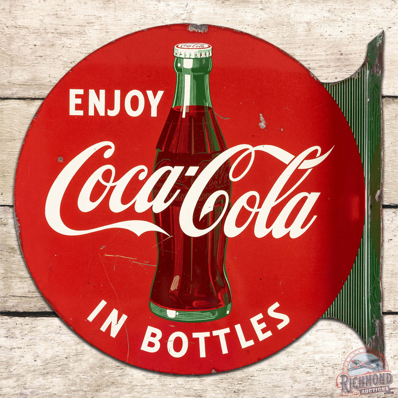 1954 Enjoy Coca-Cola in Bottles DST Flange Sign w/ Bottle: Hard to find DST (double sided tin) Coke flange sign has good color and shine. The display has surface wear with small scratches and areas of paint loss in the field and edges. The reverse and flange