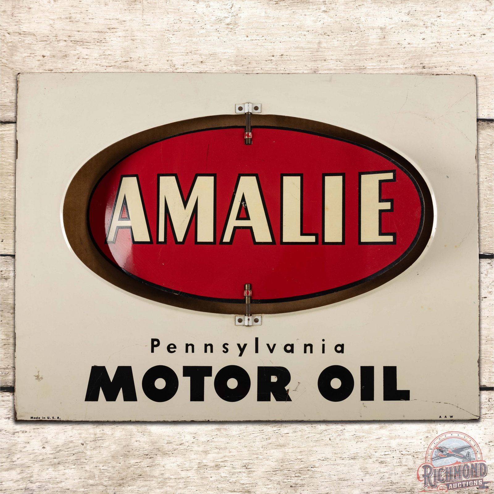 24" Amalie Pennsylvania Motor Oil DST Spinner Sign: DST (double sided tin) multi-piece spinner flange sign has very good color and shine. Side #1 has small paint chips and light wear in the field. The perimeter has small scratches and a slight bend on 