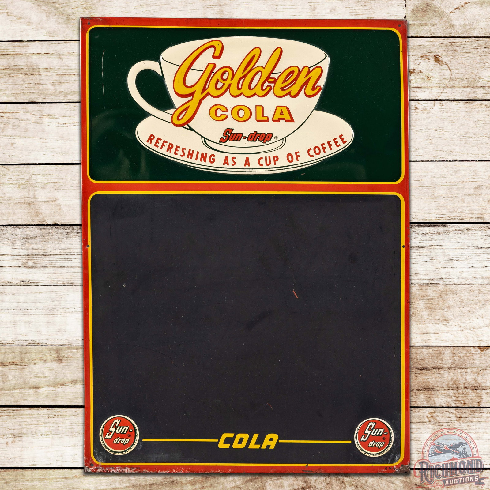 Sun Drop Golden Cola Refreshing as a Cup of Coffee SST Menu Board Sign: SST (single sided tin) sign has very good color and shine. The sign has great graphics and displays very well. The field has small scratches and paint chips. The perimeter has minor edge bends and pai