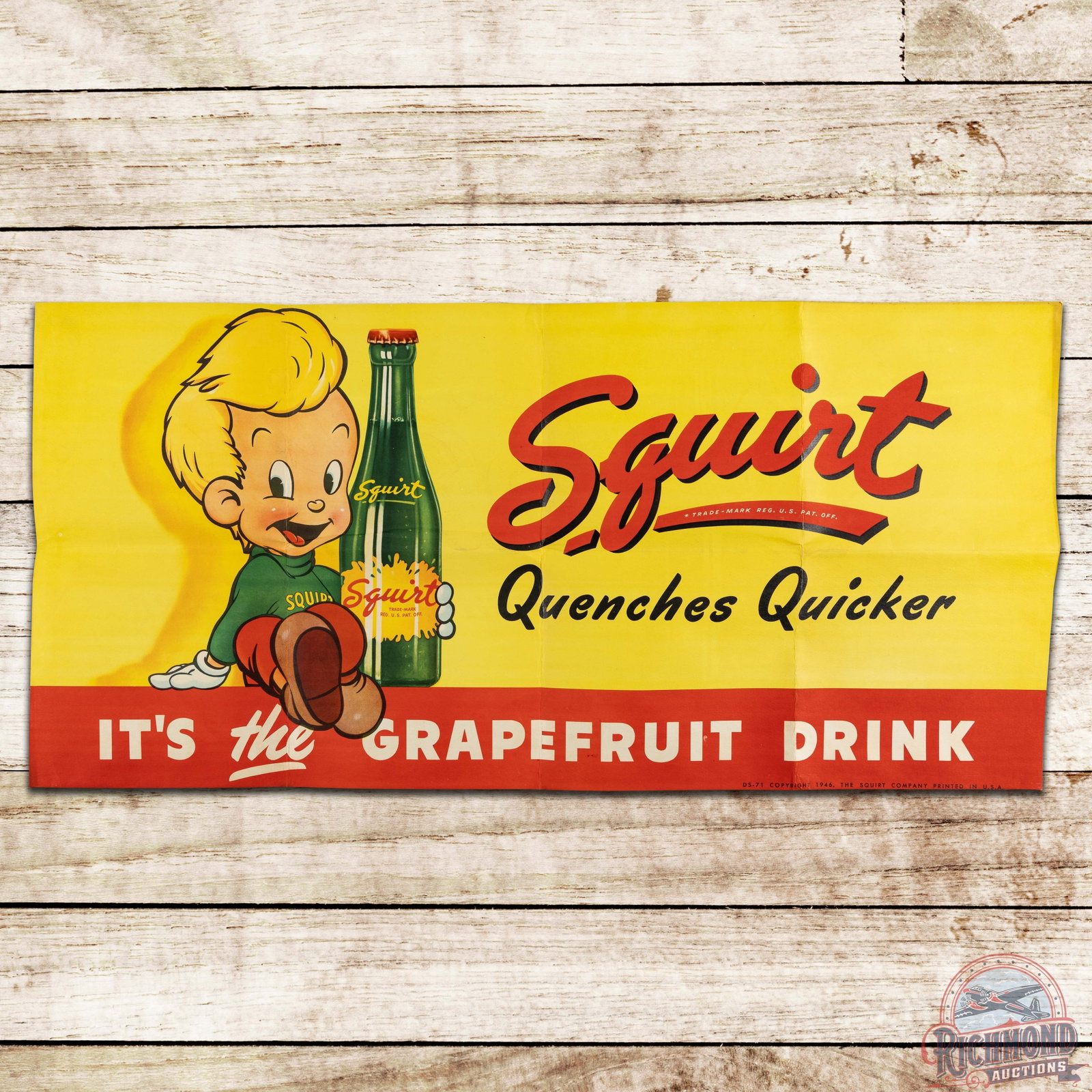 NOS Squirt Quenches Quicker Heavy Paper Advertising Poster w/ Squirt Boy & Bottle: NOS (new old stock) single-sided heavy paper stock sign has very good color throughout. The piece displays very well overall with light wear to the folds and along the edges. Marked DS-71 Copyright 19