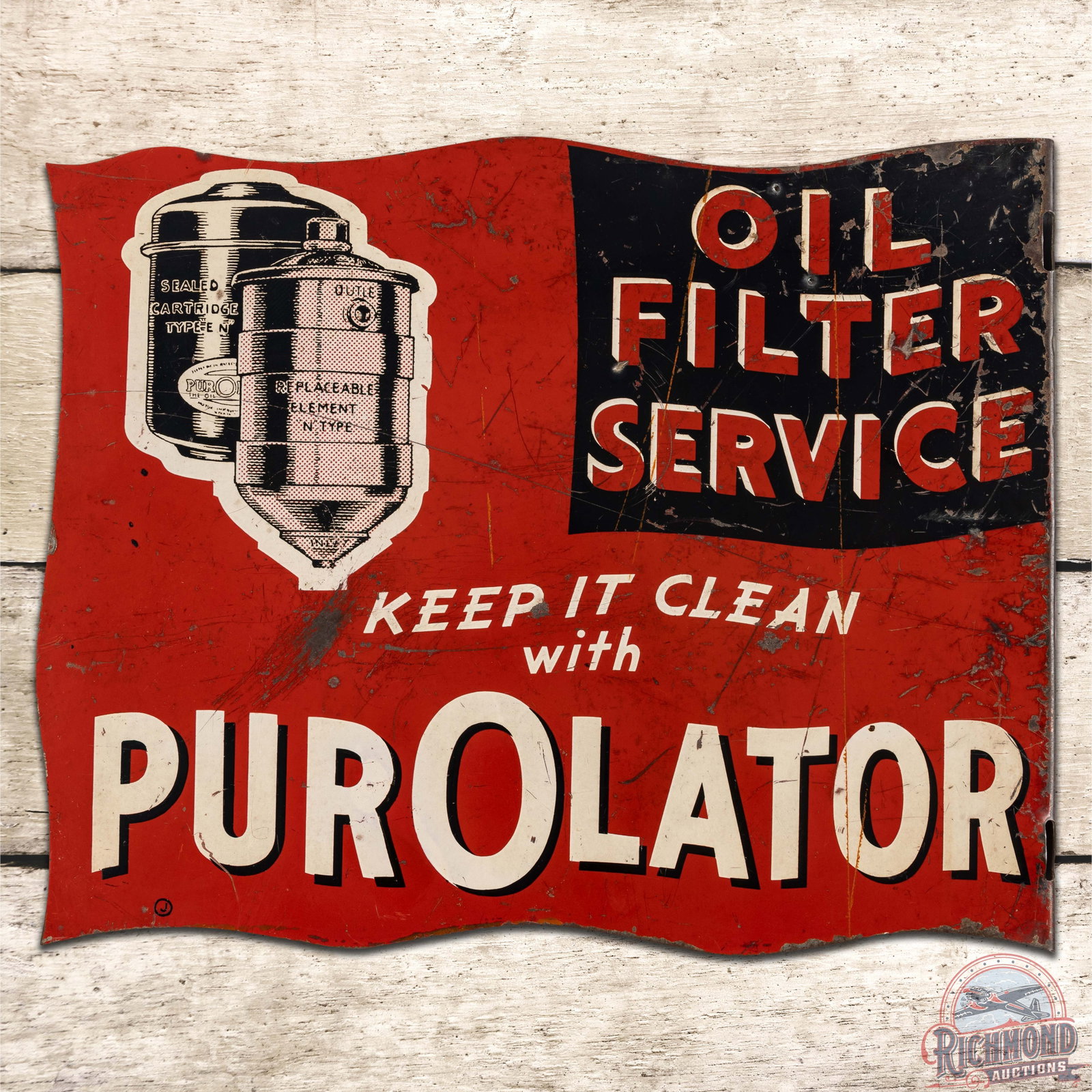 Keep it Clean w/ Purolator Oil Filter Service DST Flange Sign: DST (double sided tin) die cut flange sign has good color and shine. The display side has small paint chips in the field and multiple dings in the mid to upper left side of the sign. The perimeter has