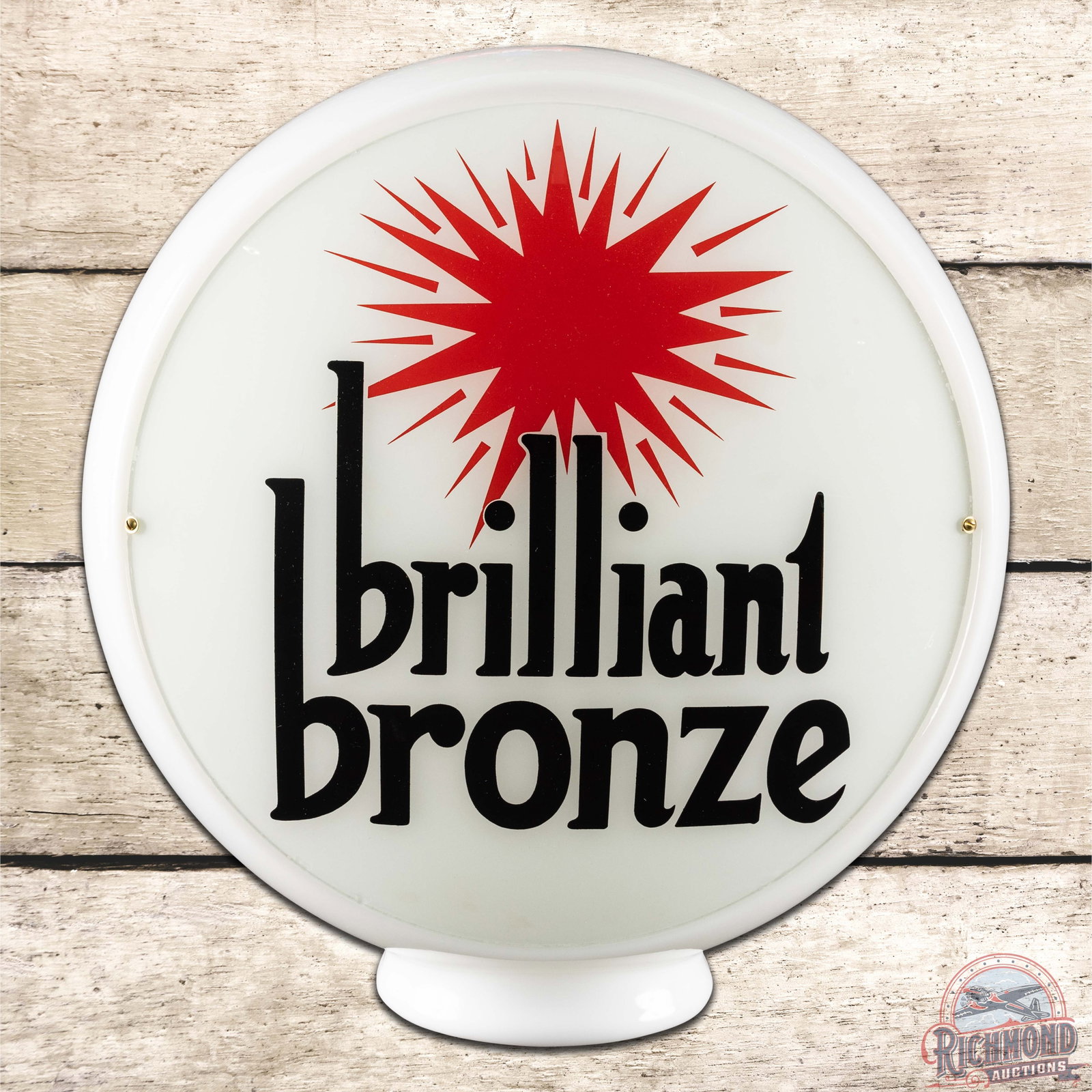 Johnson Brilliant Bronze Complete 13.5" Gas Pump Globe w/ Wide Milk Glass Body: Two 13.5" lenses mounted in a wide milk glass body. The display lens is very clean. The reverse has light surface wear with a small chip along the lower right edge. The wide body is in excellent condi