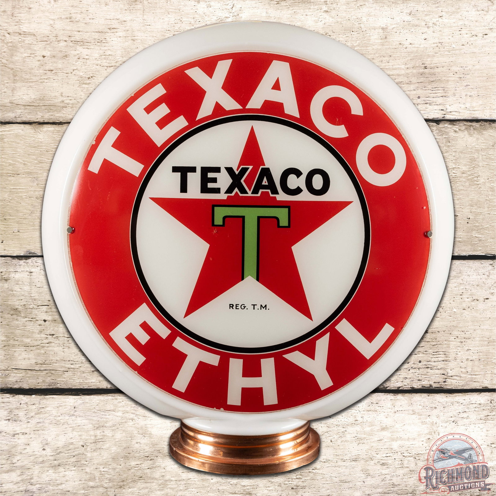 Texaco Ethyl 13.5" Complete Gas Pump Globe w/ Milk Glass Screw Base Body: Pair of 13.5" lenses on narrow milk glass screw base body. The display lens has light wear in the field with small paint chips around the perimeter. The reverse lens is broken on the right-hand side a