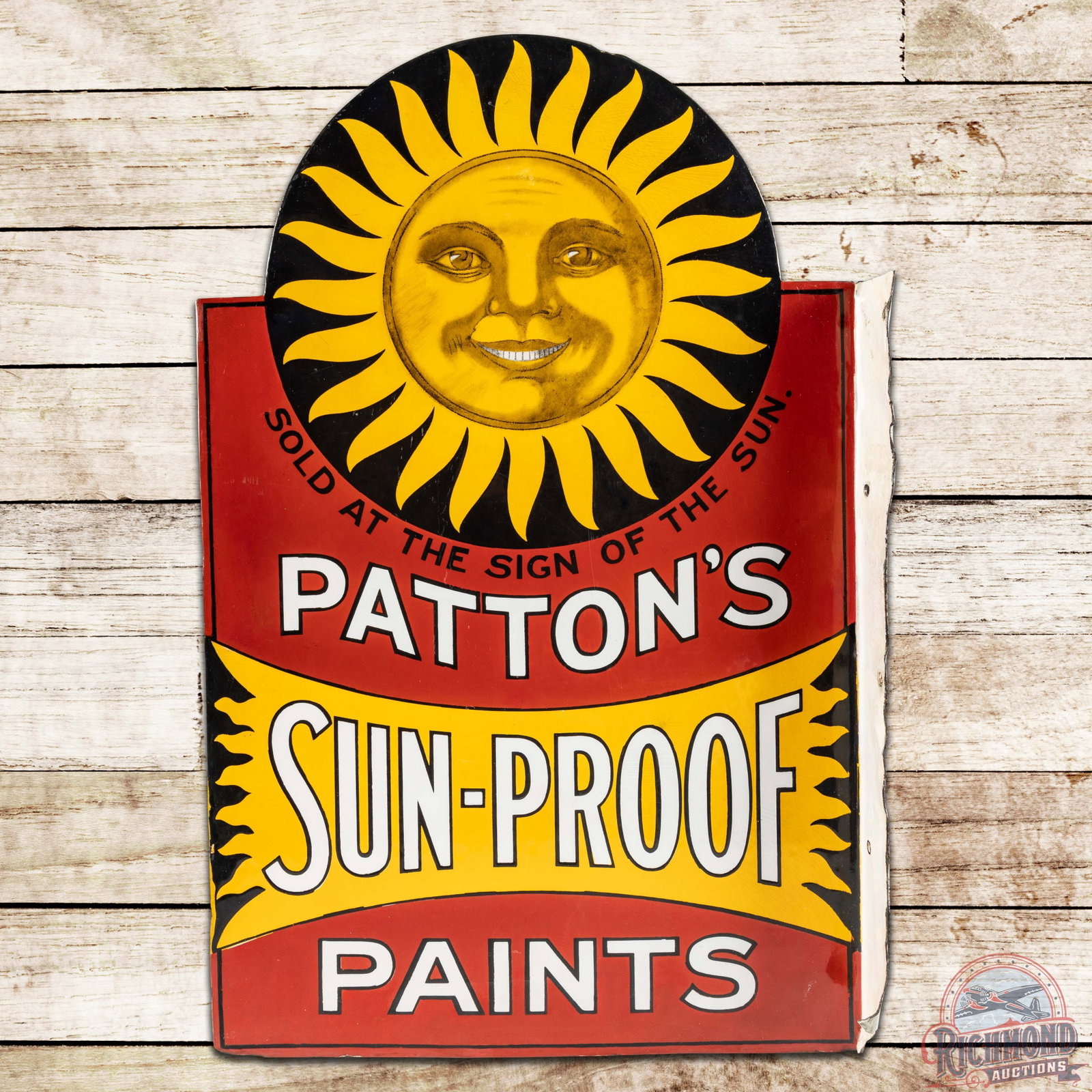 Patton's Sun-Proof Paints DS Porcelain Flange Sign: DSP (double sided porcelain) flange sign has excellent color on both sides. The sign has been professionally restored on both sides. The display is clean with minor crazing present along the right sid
