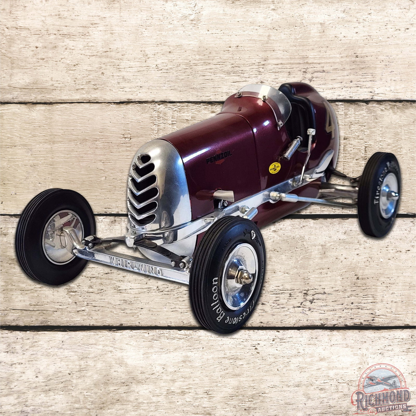 1977 Bremer Whirlwind Pennzoil Tether Car by Mickey Fearon: Many consider Mickey Fearon's Bremers to be the finest of the reproduction Bremers which were available. This car features a machine turned dash, steering wheel, windshield, brake handle and fuel pump