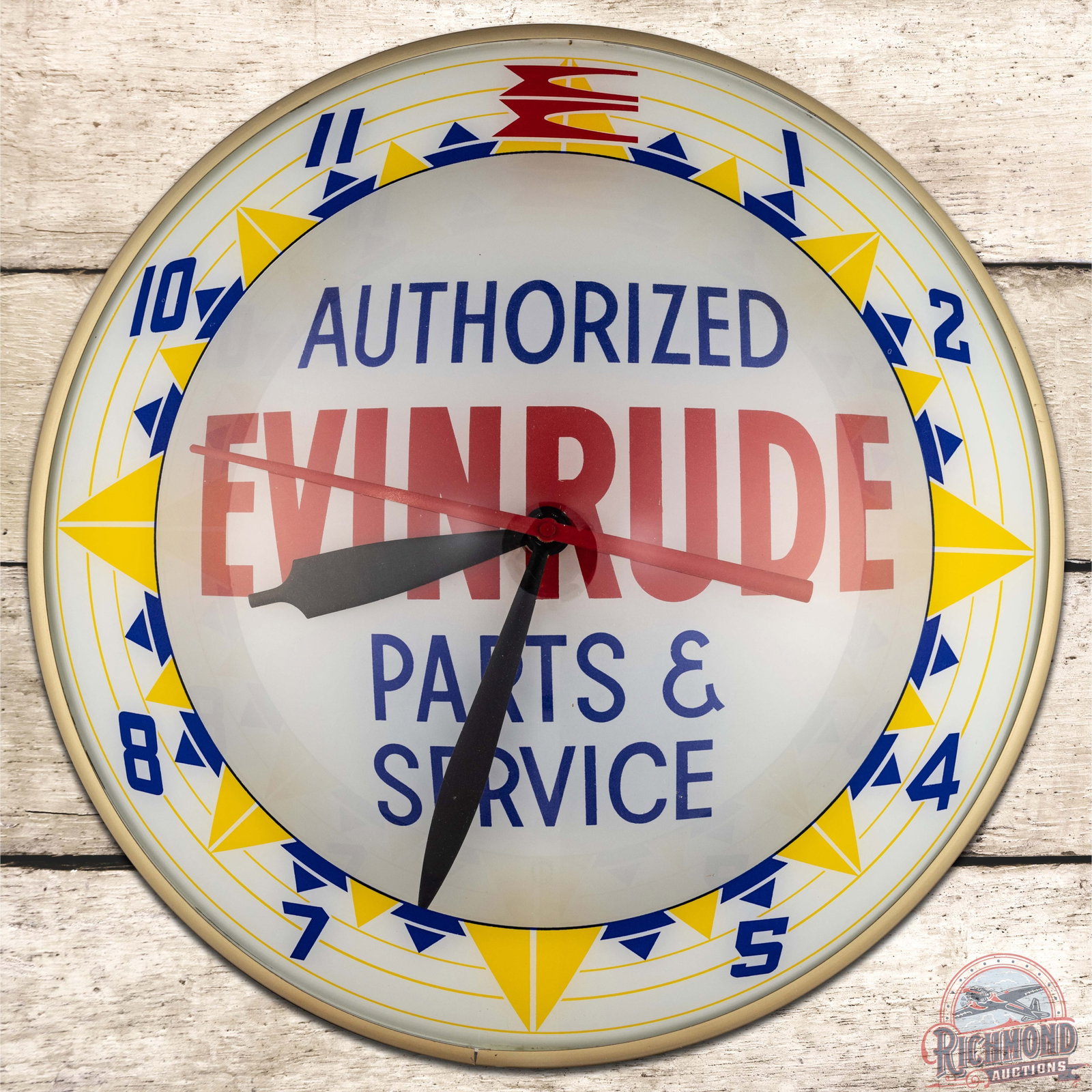 Evinrude Parts & Service 15" Double Bubble Advertising Clock: Exceptional lighted double bubble clock runs and lights up as it should. The inner and outer faces are both very clean. The can is in excellent condition and retains the factory Neon Products decal. A