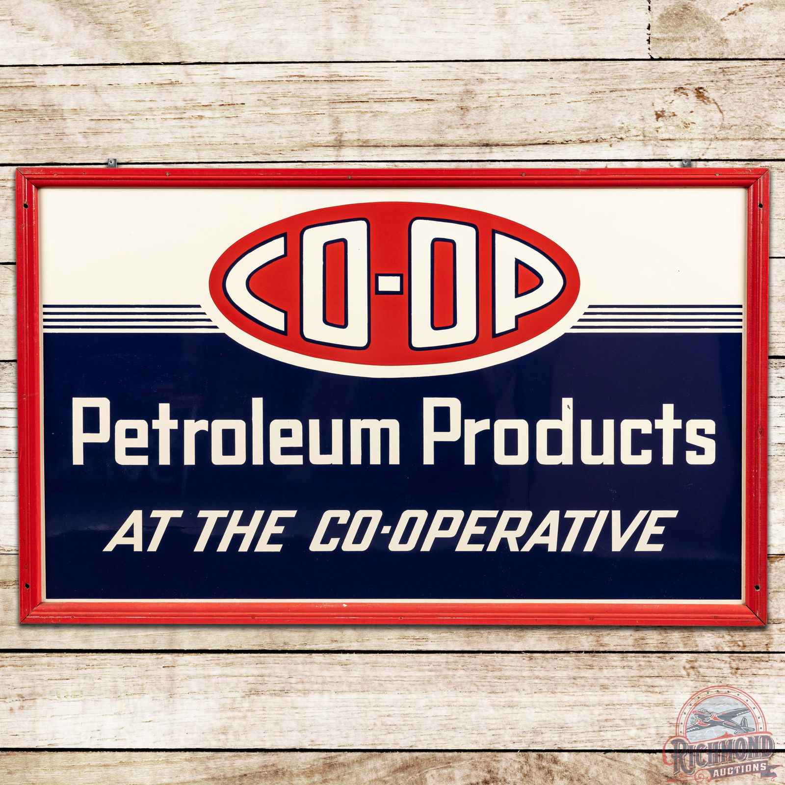 Co-Op Petroleum Products SST Sign w/ Logo: Superb SST (single sided tin) wood framed sign has excellent color and shine. The sign has bright crisp colors throughout with the Co-Op logo in the upper field. The sign is in amazing condition with