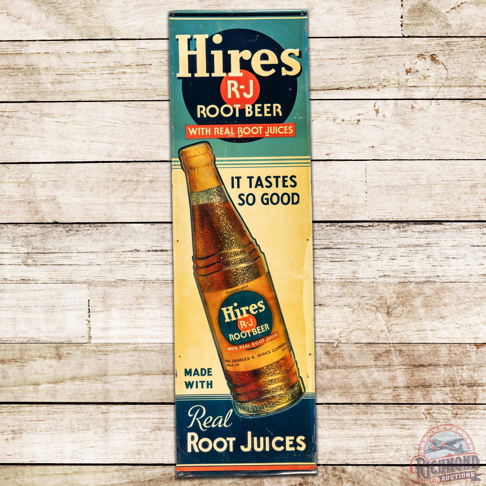 Hires R-J Root Beer Vertical Embossed SST Sign w/ Bottle: SST (single sided tin) embossed self-framed sign has very good color and shine. The field has surface wear with toning. The perimeter is similar with minor bends and paint chips. Marked BR-4 Made in U