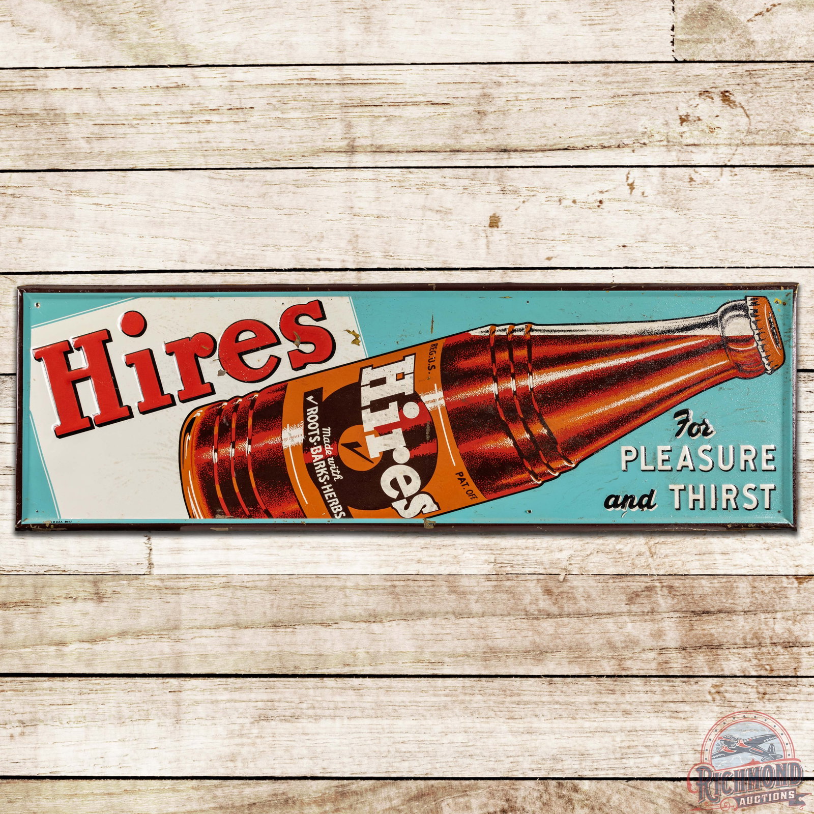 Hires Root Beer Horizontal Embossed SST Sign w/ Bottle: SST (single sided tin) embossed self-framed sign has very good color and shine. The field has general wear with areas of flaking paint and oxidation. The perimeter is similar with moderate paper resid