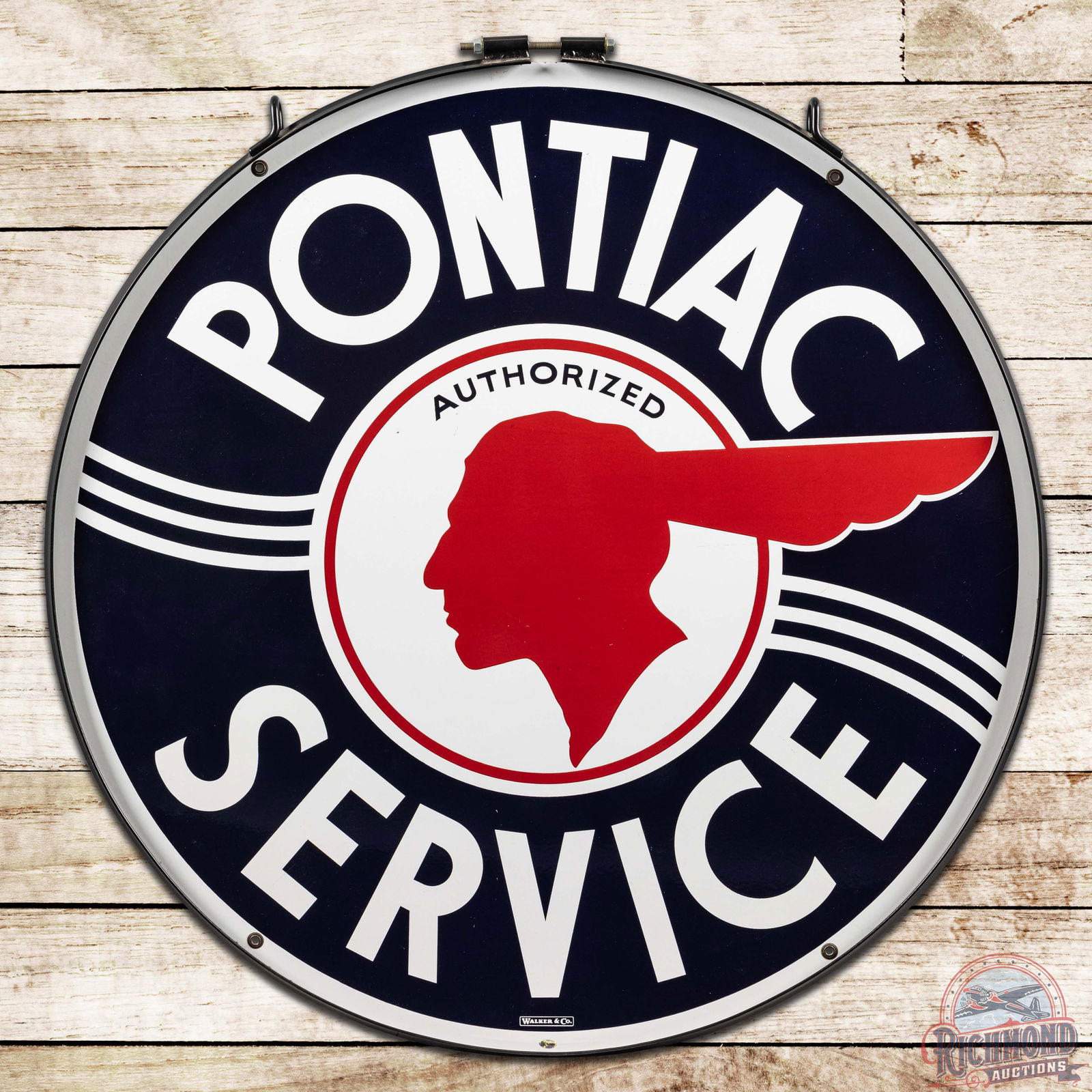 42" Pontiac Authorized Service Full Feather DS Porcelain Sign & Ring: Incredible DSP (double sided porcelain) sign has day one color and gloss, featuring the full feather Native American graphic in the center field with wavy lines. Side #1 is outstanding. The field is e