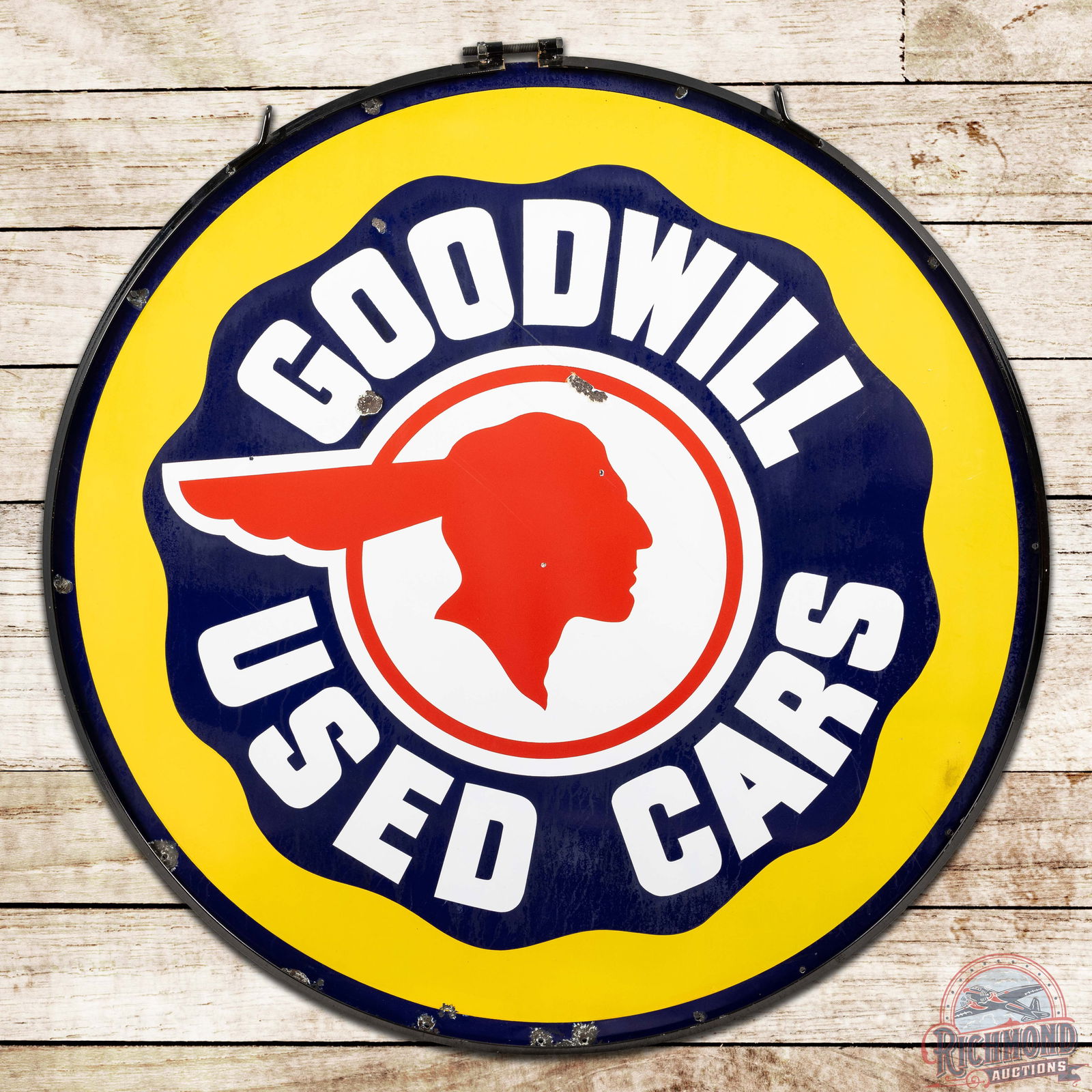 Rare 48" Pontiac Goodwill Used Cars Full Feather SS Porcelain Sign & Ring: Rare SSP (single sided porcelain) sign has very good color and gloss, featuring the full feather Pontiac logo in the center field with a unique yellow porcelain background. The field has small chips a