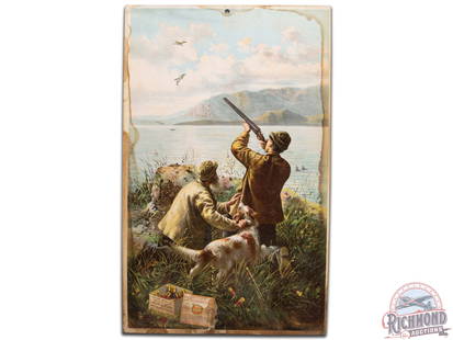 Laflin & Rand Powder Co. Smokeless Powder Cardboard Sign: Laflin & Rand Powder Co. smokeless powder cardboard sign. It has good color and shows areas of wear, paper loss, and discoloration mainly along the edge. It displays well with the hunting scene.