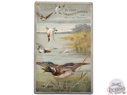 DuPont 1900 "A Double With DuPont Smokeless" for Wild Fowl Shooting Cardboard Sign: Use DuPont smokeless powder for wild fowl shooting cardboard sign. It has good color and shows some areas of wear, discoloration, paper loss, and tear/crack at the top left corner. There is a small