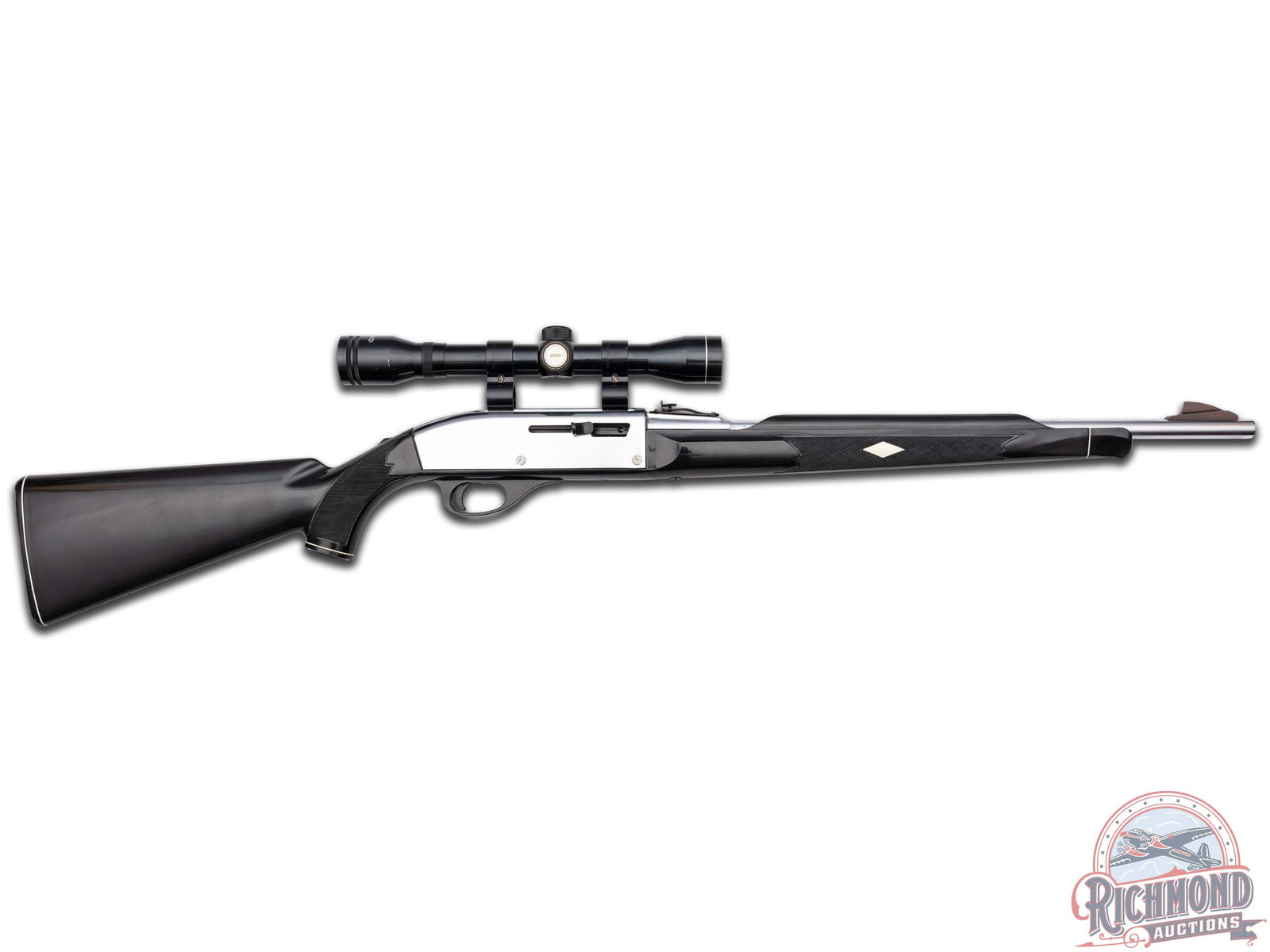 1977 Remington Nylon 66 Apache Black & Chrome .22 LR Semi-Auto Rifle with Scope: Per date code "PO", this Nylon was manufactured in June 1977. Features a 19.5" barrel with a chrome finish. Ramp blade front sight and rear notch with screw adjustment. The rear of barrel is stamped "