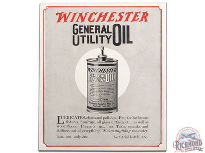 Winchester General Utility Oil Cardboard Sign: Winchester General Utility Oil cardboard sign. It has very good color and shows light wear. It displays very well with a great oil can graphic. Shrink wrapped over a piece of plastic. 10" H x 8.5" W.