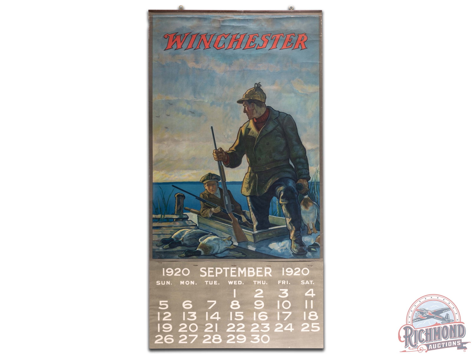 Rare 1920 Winchester Paper Calendar: Very hard to find 1920 Winchester paper calendar sign. It has good color and shows some areas of wear, paper loss, and some creases. It has a single 1920 September page of the pad. It displays well wi