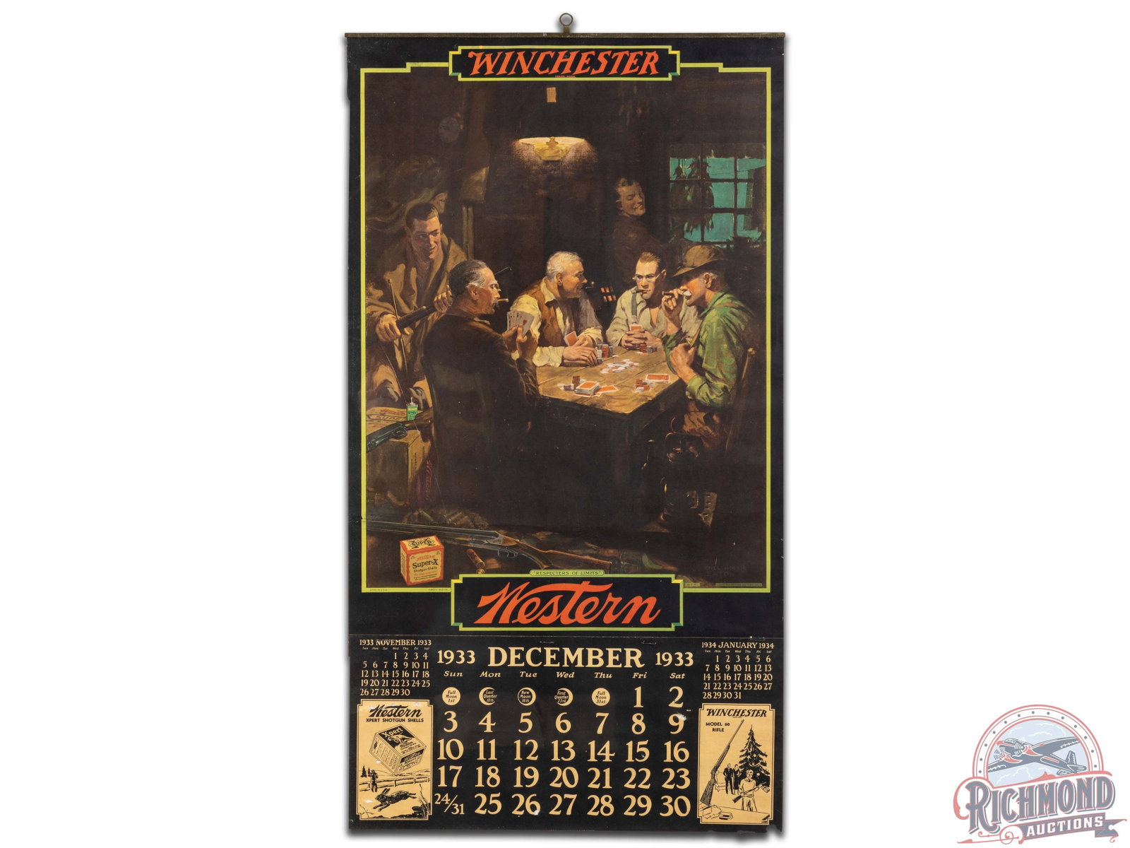 1933 Winchester Western "Respecters Of Limits" Calendar: 1933 Winchester "Respecters Of Limits" calendar. It has good color and shows some light wear and areas of paper loss along the side edges and on the pad. It does have a few spots of restoration. It di