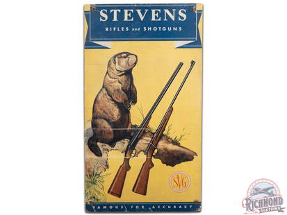 Stevens Rifles & Shotguns "Famous For Accuracy" Cardboard Easel Back Sign w/ Groundhog: Stevens rifles & shotguns cardboard sign with groundhog. It has good color and shows some areas of wear, discoloration/rub marks, paper loss, a few creases, and nail holes at all four corners. It disp