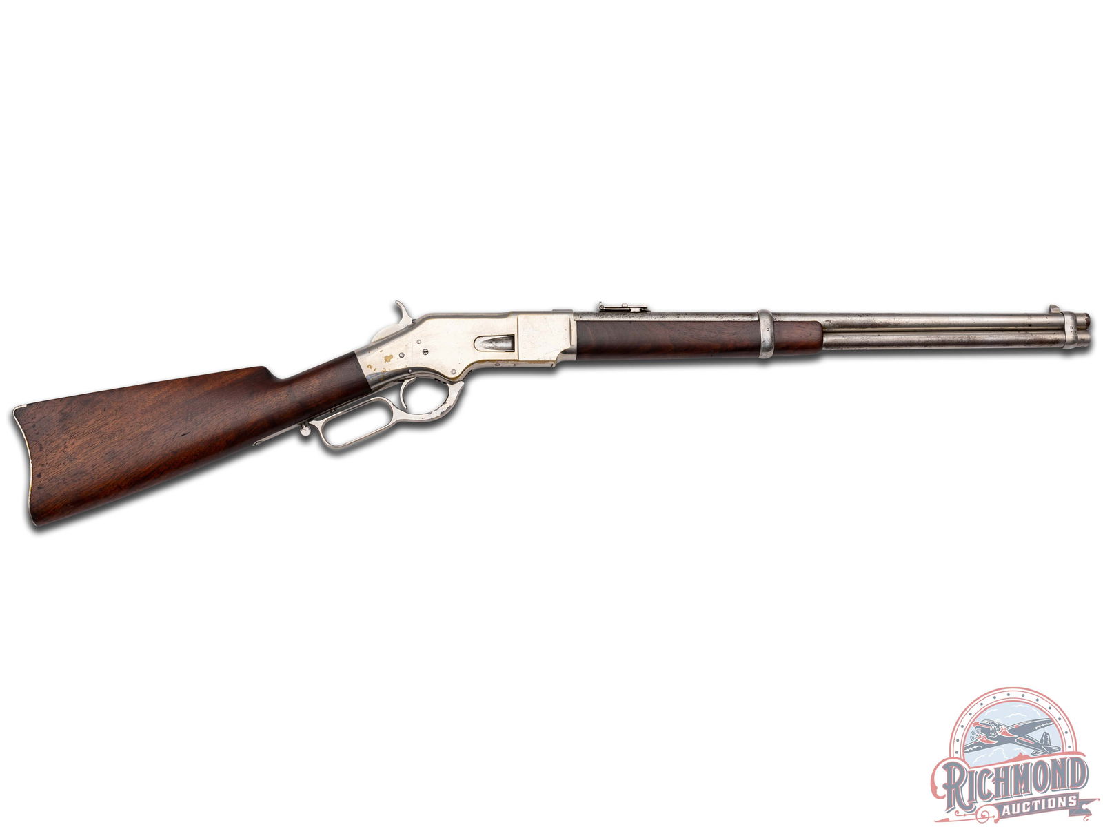 Rare Factory Nickel Winchester 1866 Carbine Saddle Ring Lever Action Rifle in .44 RF - S/N 164514: Received in warehouse on October 27, 1883. This factory nickel finish Model 1866 Winchester, Serial Number 164514, was shipped in Order #2603 on August 18, 1898 with its sister rifle, Serial Number 16