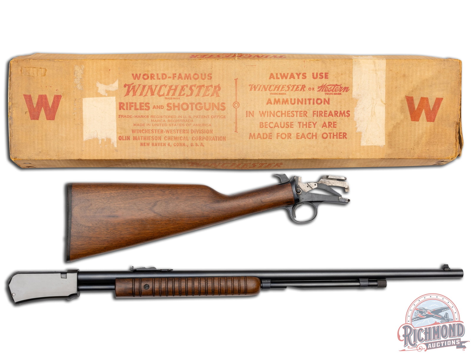 Rare 1954 Winchester 62A .22 Short Gallery Pump Action Rifle & Original Factory Box: Manufactured in 1954. Features 23" round blued barrel with blade front sight and adjustable rear. All standard Winchester barrel markings. 22 Short Only. Magazine tube has triangular shaped loading po