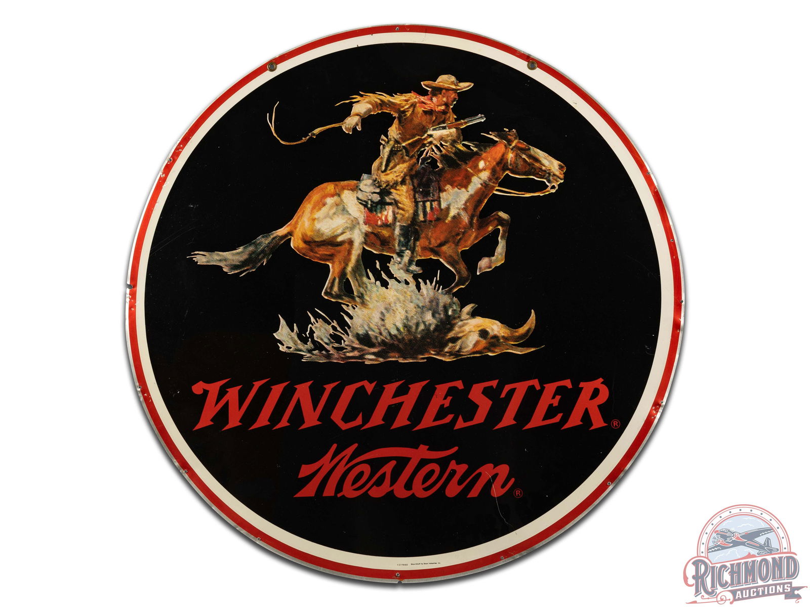 38" Winchester Western Double Sided Metal Hanging Sign With Rider: DST (double sided tin) Winchester Western hanging sign. It has very good color and gloss. It shows some storage wear with light bends/dents and added mounting holes along the perimeter. It displays ve