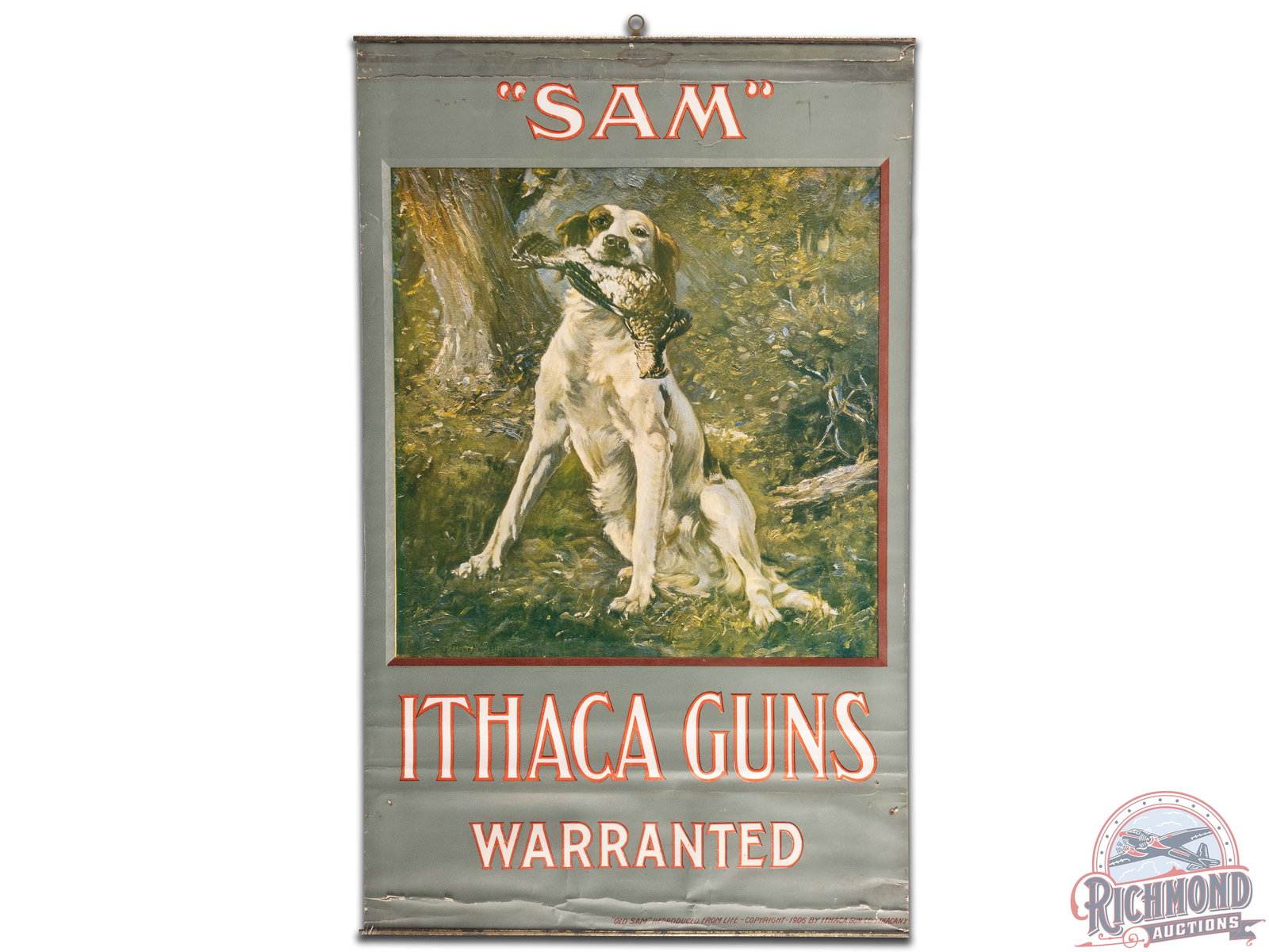 1906 Ithaca Guns Warranted "SAM" Paper Poster Sign: 1906 Ithaca "SAM" paper poster. It has good color and shows some wear, paper loss, discoloration, creases, and tears. It displays well with metal bands at the top and bottom. Marked "Old Sam Reproduce