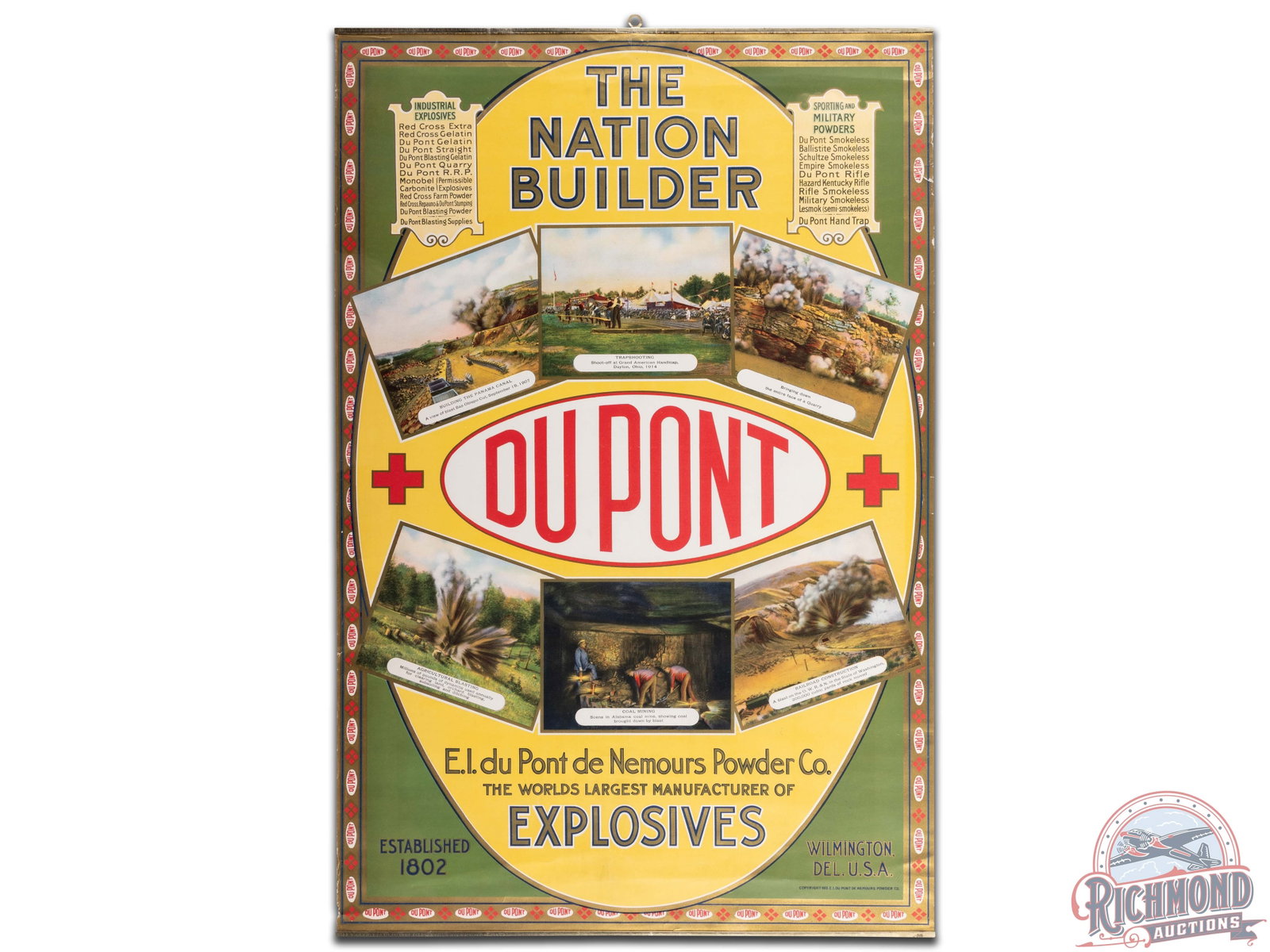 Scarce 1916 "The Nation Builder" DuPont Paper Explosives Poster Sign: Rare 1916 Du Pont paper poster. It has very good color and shows light wear, minor paper loss, a few tears, and some light creases. It displays exceptionally well with metal bands at the top and botto