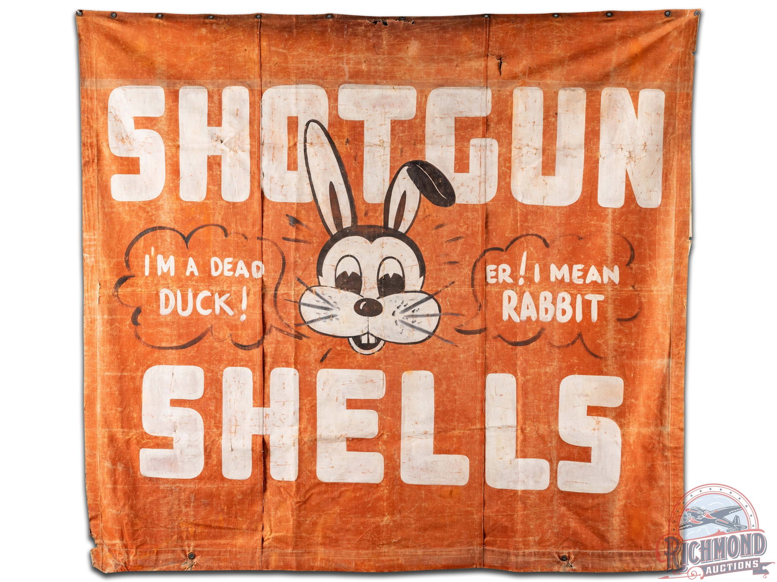 7' Hand Painted Shotgun Shells Canvas Banner With Rabbit: Hand painted shotgun shells canvas banner. It has a great original look. It shows some wear, discoloration, paint loss, unstitched seams, and some areas of damage. There are a couple visible repairs o