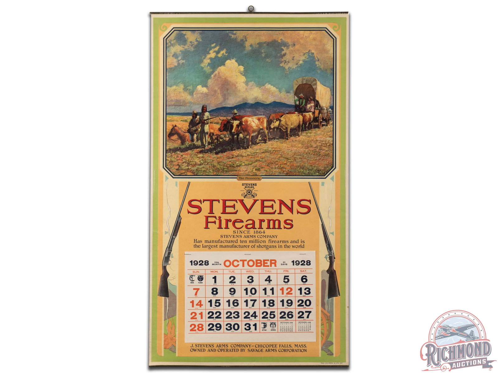 1922 Stevens Firearms "The Pioneers" Paper Calendar: 1922 Stevens Firearms calendar sign. It has very good color and shows light wear, small tear on the left edge, and some minor spots of discoloration. Single October 1928 page of the pad. It displays e