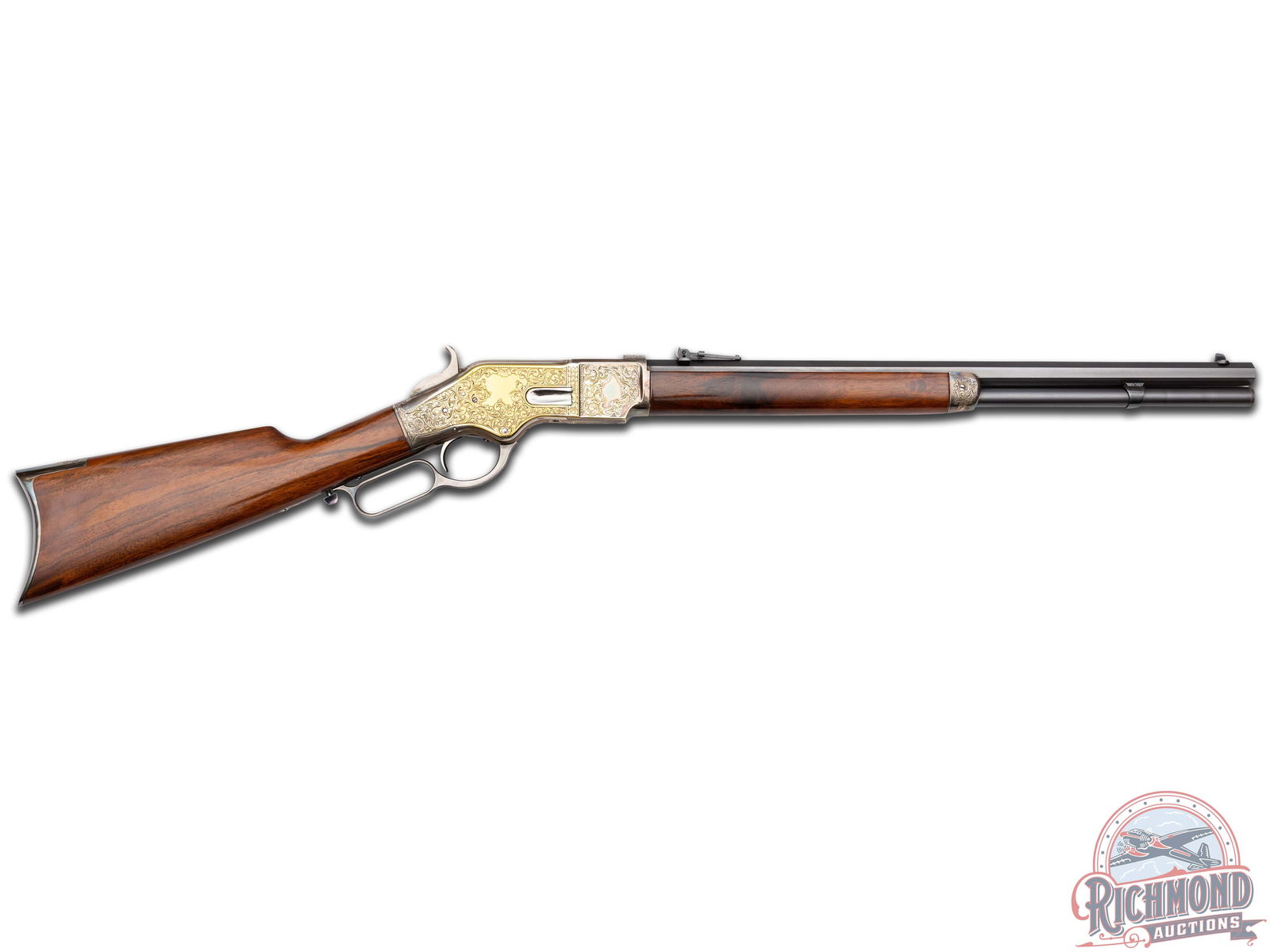 Rare A.Uberti 1866 Highly Engraved L.D. Nimschke .44-40 Lever Action Carbine Rifle & Original Box: Made in Italy, with less than 100 produced to tribute the German American master engraver Louis Daniel Nimschke. The barrel is stamped on top "Made for Cherry's Greensboro, N.C./by Aldo Uberti of Ital